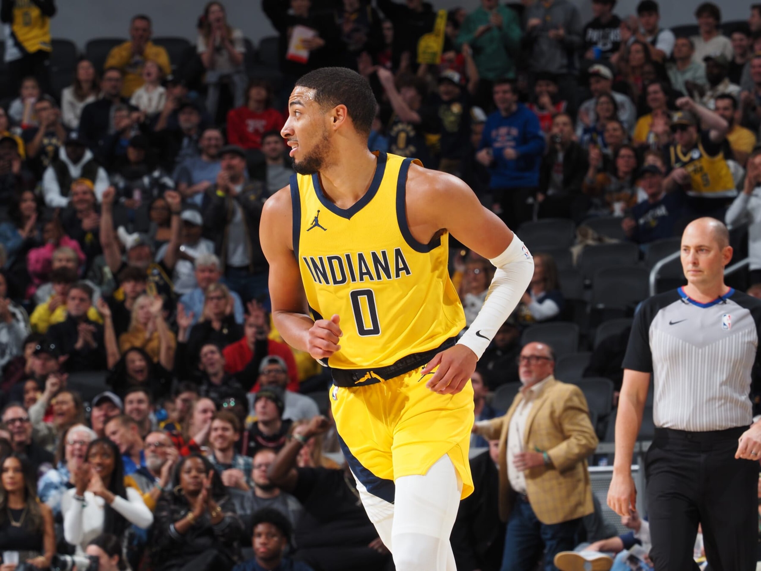 INDIANAPOLIS, IN - OCTOBER 30: Indiana Pacers looks on during the game against the Chicago Bulls on October 30, 2023 at Gainbridge Fieldhouse in Indianapolis, Indiana. NOTE TO USER: User expressly acknowledges and agrees that, by downloading and or using this Photograph, user is consenting to the terms and conditions of the Getty Images License Agreement. Mandatory Copyright Notice: Copyright 2023 NBAE (Photo by Ron Hoskins/NBAE via Getty Images)