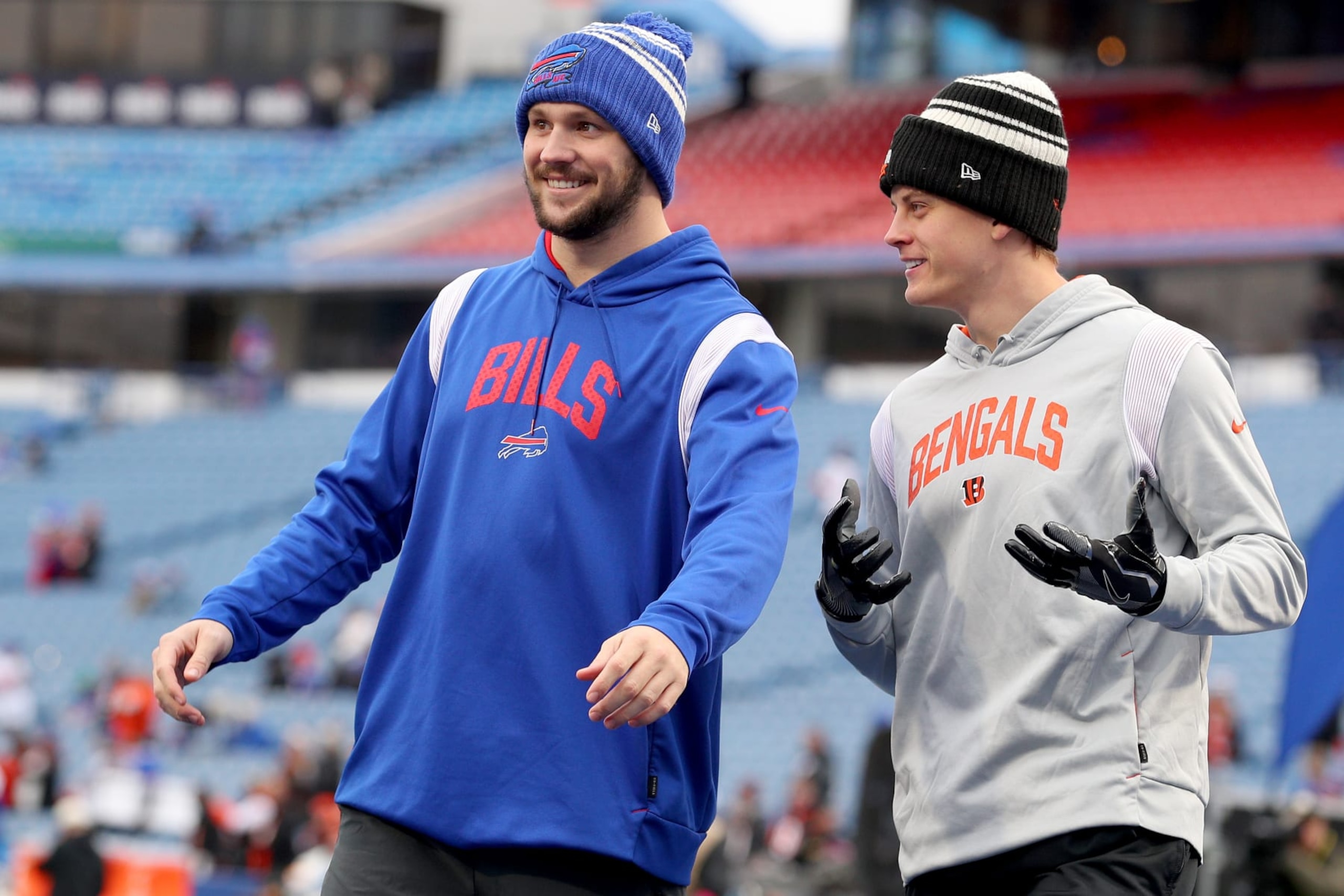 ORCHARD PARK, NEW YORK - JANUARY 22: (L-R) Josh Allen #17 of the Buffalo Bills talks with Joe Burrow #9 of the Cincinnati Bengals prior to the AFC Divisional Playoff game at Highmark Stadium on January 22, 2023 in Orchard Park, New York. (Photo by Bryan M. Bennett/Getty Images) ORCHARD PARK, NEW YORK - JANUARY 22: (L-R) Josh Allen #17 of the Buffalo Bills talks with Joe Burrow #9 of the Cincinnati Bengals prior to the AFC Divisional Playoff game at Highmark Stadium on January 22, 2023 in Orchard Park, New York. (Photo by Bryan M. Bennett/Getty Images)