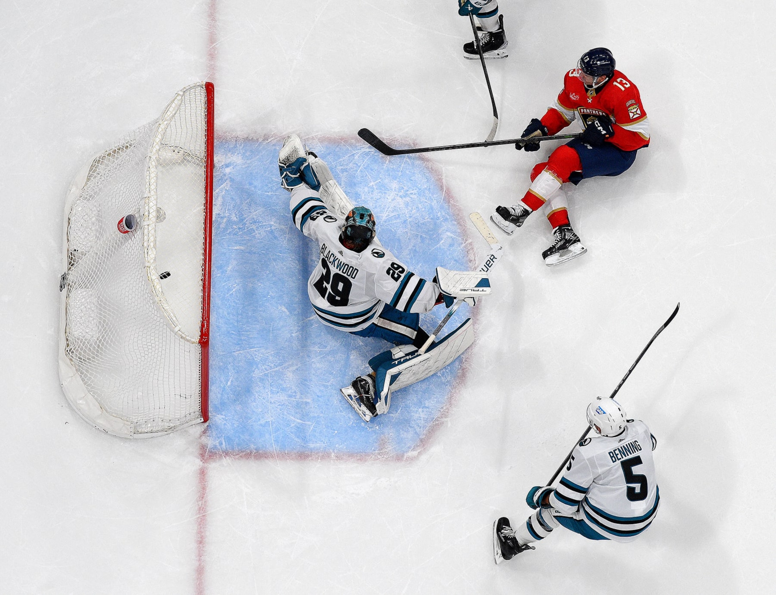 SUNRISE, FLORIDA - OCTOBER 24: Sam Reinhart #13 of the Florida Panthers scores against Goaltender Mackenzie Blackwood #29 of the San Jose Sharks at the Amerant Bank Arena on October 24, 2023 in Sunrise, Florida. (Photo by Eliot J. Schechter/NHLI via Getty Images) SUNRISE, FLORIDA - OCTOBER 24: Sam Reinhart #13 of the Florida Panthers scores against Goaltender Mackenzie Blackwood #29 of the San Jose Sharks at the Amerant Bank Arena on October 24, 2023 in Sunrise, Florida. (Photo by Eliot J. Schechter/NHLI via Getty Images)