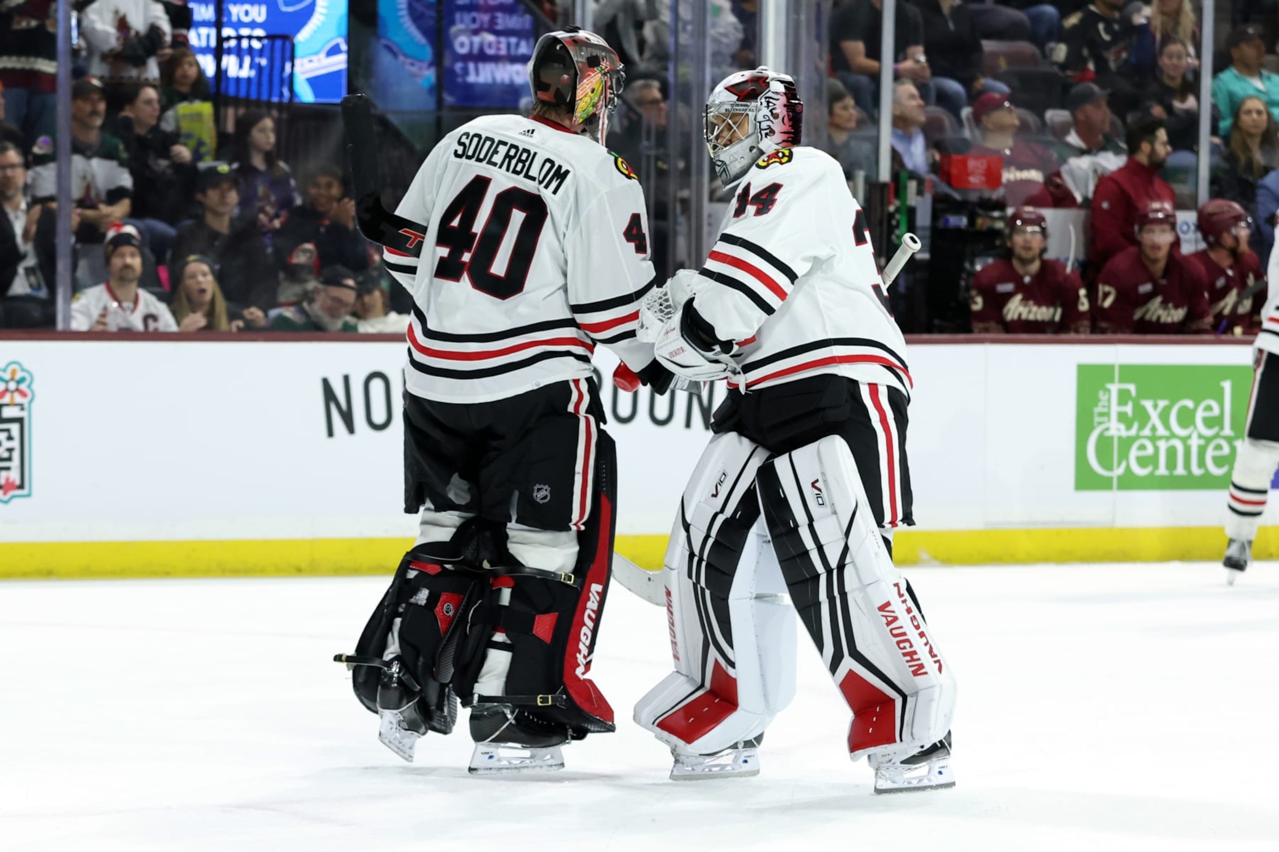 TEMPE, ARIZONA - OCTOBER 30: Petr Mrazek #34 of the Chicago Blackhawks comes into replace starting goalie Arvid Soderblom #40 during the second period against the Arizona Coyotes at Mullett Arena on October 30, 2023 in Tempe, Arizona. (Photo by Zac BonDurant/Getty Images) TEMPE, ARIZONA - OCTOBER 30: Petr Mrazek #34 of the Chicago Blackhawks comes into replace starting goalie Arvid Soderblom #40 during the second period against the Arizona Coyotes at Mullett Arena on October 30, 2023 in Tempe, Arizona. (Photo by Zac BonDurant/Getty Images)