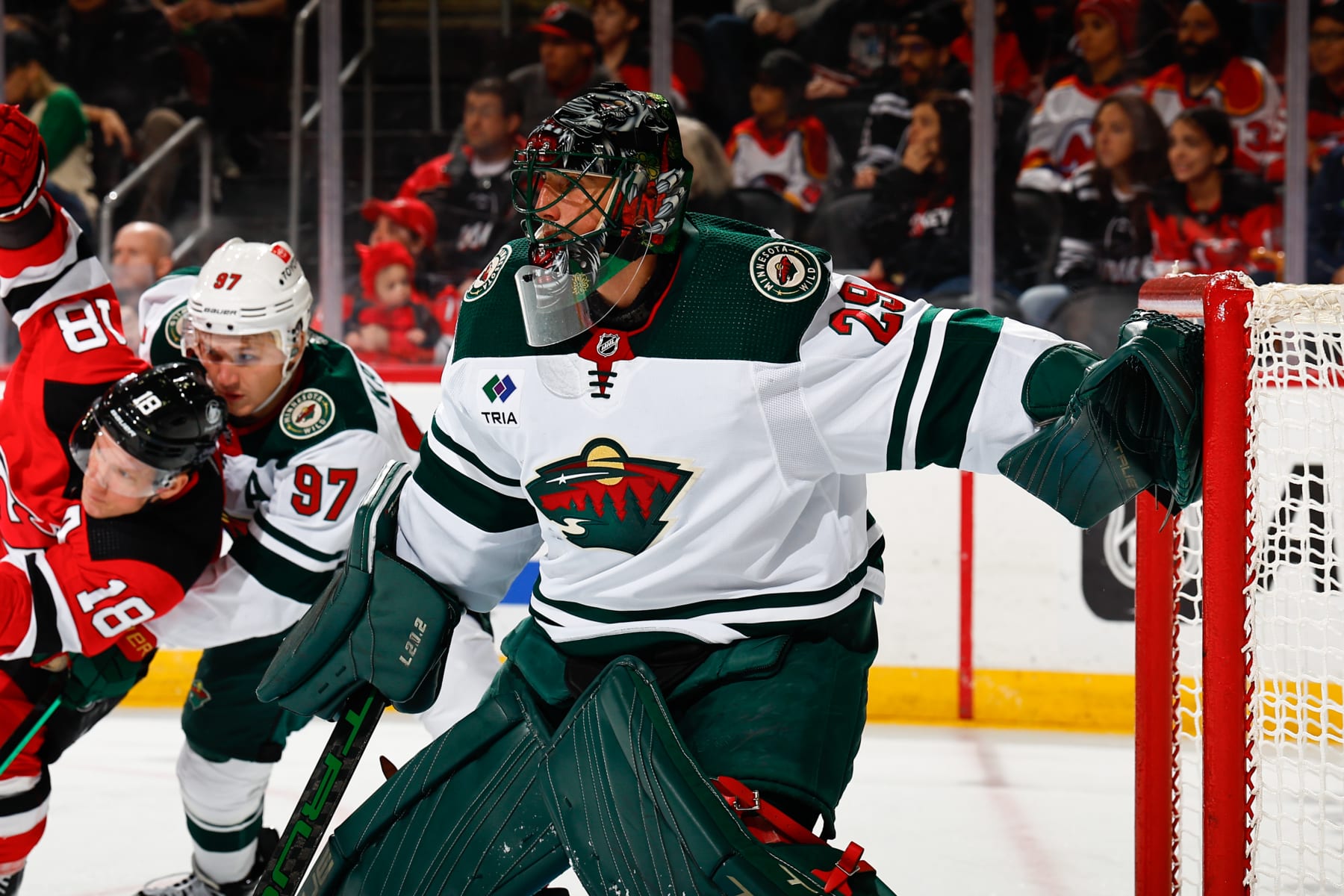 NEWARK, NJ - OCTOBER 29: Marc-Andre Fleury #29 of the Minnesota Wild defends his net in the first period of the game against the New Jersey Devils at the Prudential Center on October 29, 2023 in Newark, New Jersey.  (Photo by Rich Graessle/NHLI via Getty Images)