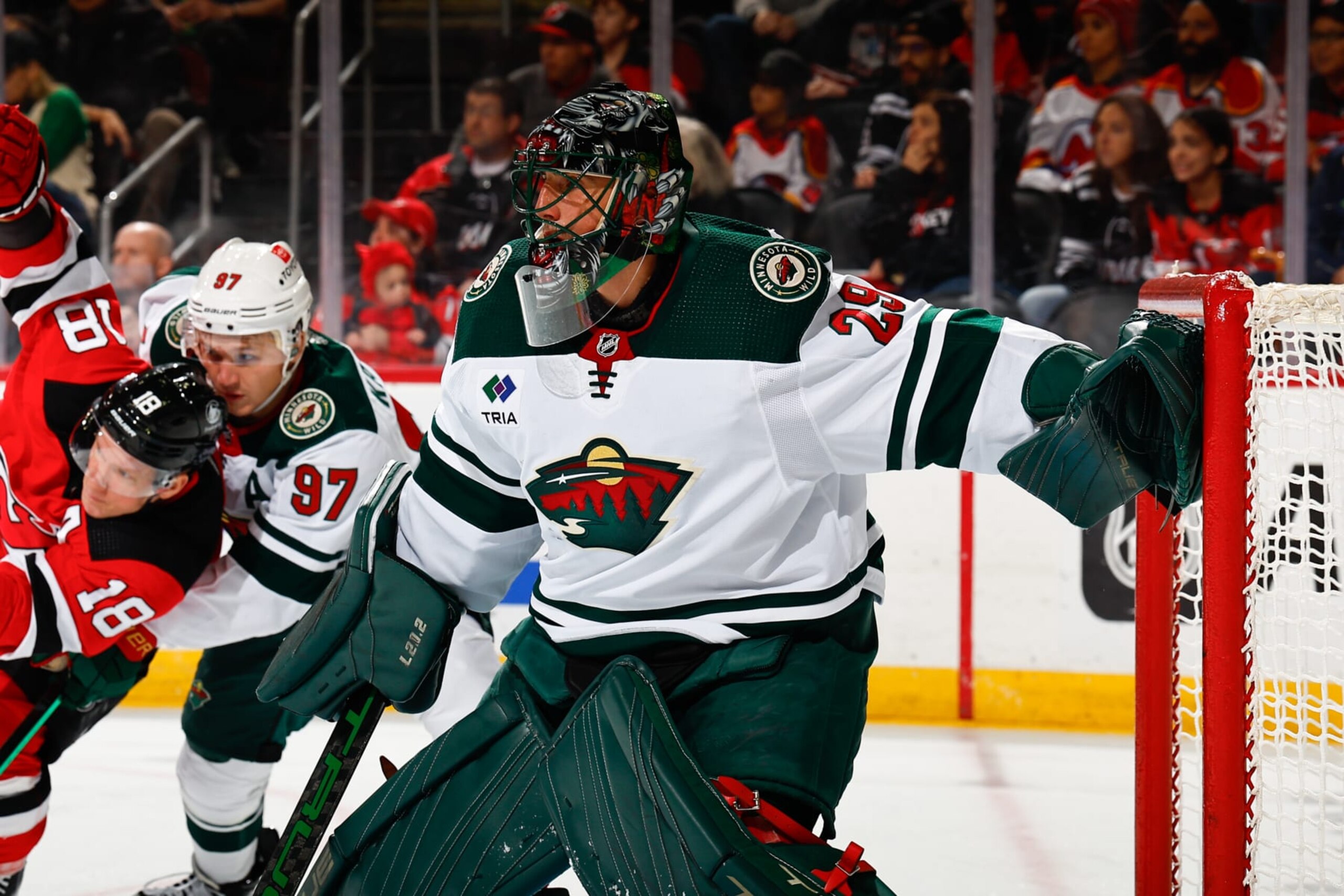NEWARK, NJ - OCTOBER 29: Marc-Andre Fleury #29 of the Minnesota Wild defends his net in the first period of the game against the New Jersey Devils at the Prudential Center on October 29, 2023 in Newark, New Jersey. (Photo by Rich Graessle/NHLI via Getty Images) NEWARK, NJ - OCTOBER 29: Marc-Andre Fleury #29 of the Minnesota Wild defends his net in the first period of the game against the New Jersey Devils at the Prudential Center on October 29, 2023 in Newark, New Jersey. (Photo by Rich Graessle/NHLI via Getty Images)