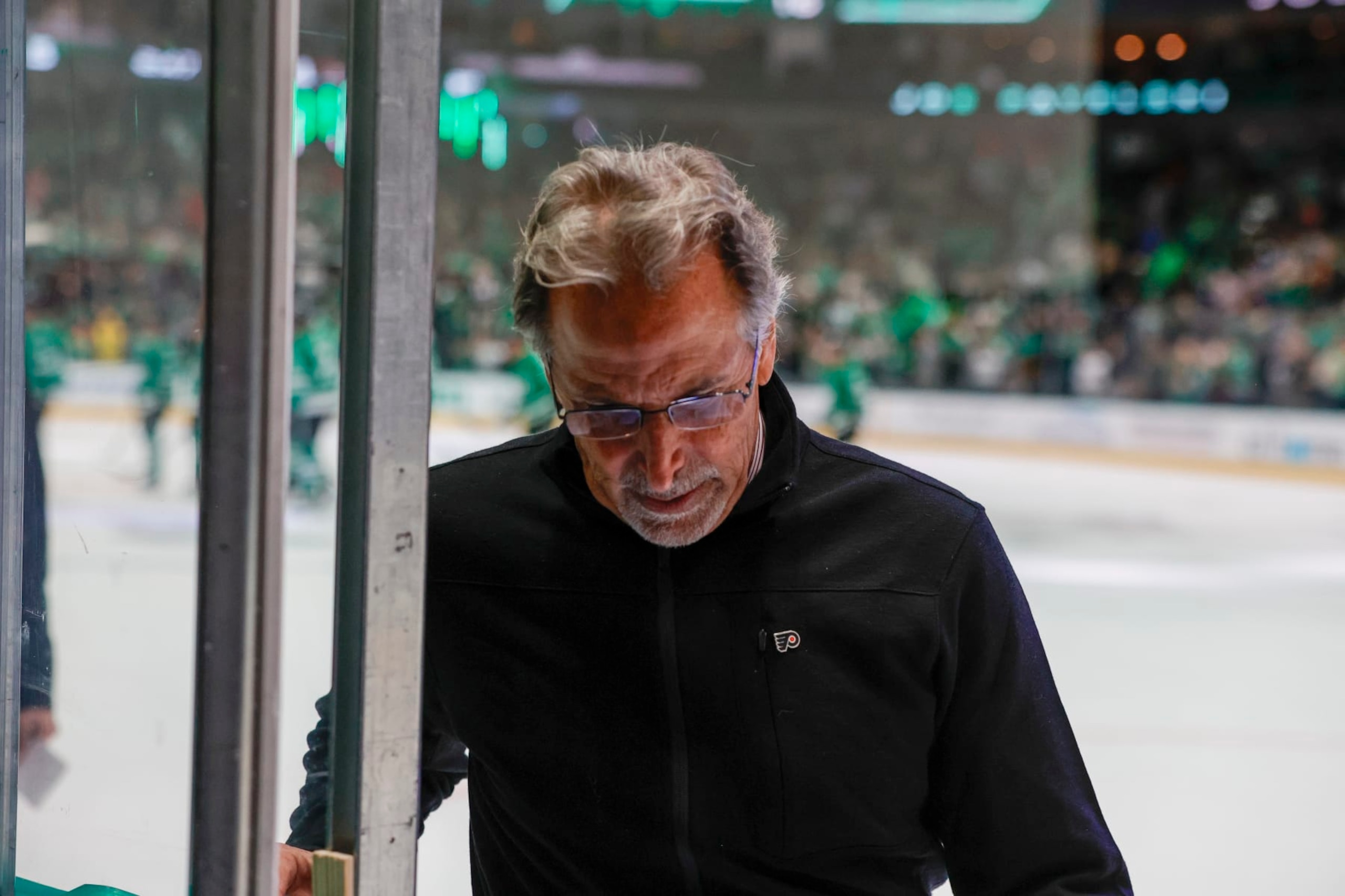 DALLAS, TX - OCTOBER 21: The Philadelphia Flyers head coach John Tortorella leaves the ice after the game between the Dallas Stars and the Philadelphia Flyers on October 21, 2023 at American Airlines Center in Dallas, Texas. (Photo by Matthew Pearce/Icon Sportswire via Getty Images) DALLAS, TX - OCTOBER 21: The Philadelphia Flyers head coach John Tortorella leaves the ice after the game between the Dallas Stars and the Philadelphia Flyers on October 21, 2023 at American Airlines Center in Dallas, Texas. (Photo by Matthew Pearce/Icon Sportswire via Getty Images)