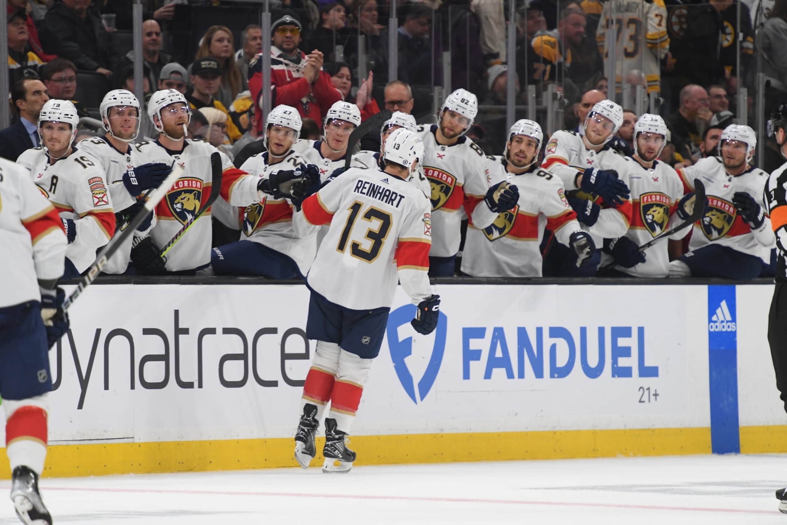 BOSTON, MASSACHUSETTS - OCTOBER 30: Sam Reinhart #13 of the Florida Panthers celebrates his first-period goal against Boston Bruins on October 30, 2023 at the TD Garden in Boston, Massachusetts. (Photo by Steve Babineau/NHLI via Getty Images) BOSTON, MASSACHUSETTS - OCTOBER 30: Sam Reinhart #13 of the Florida Panthers celebrates his first-period goal against Boston Bruins on October 30, 2023 at the TD Garden in Boston, Massachusetts. (Photo by Steve Babineau/NHLI via Getty Images)