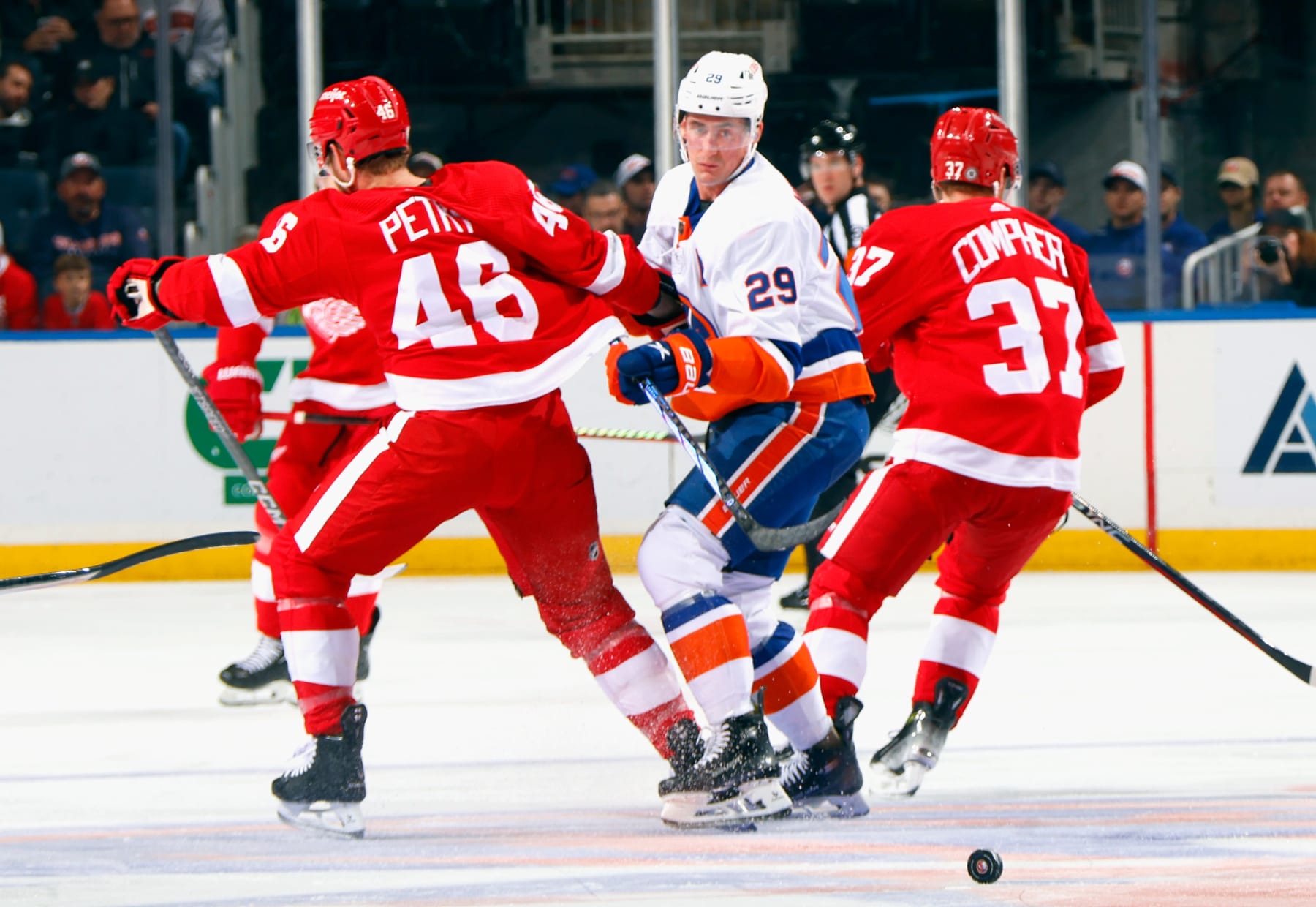 ELMONT, NEW YORK - OCTOBER 30: h29skates against the Detroit Red Wings at UBS Arena on October 30, 2023 in Elmont, New York. (Photo by Bruce Bennett/Getty Images)