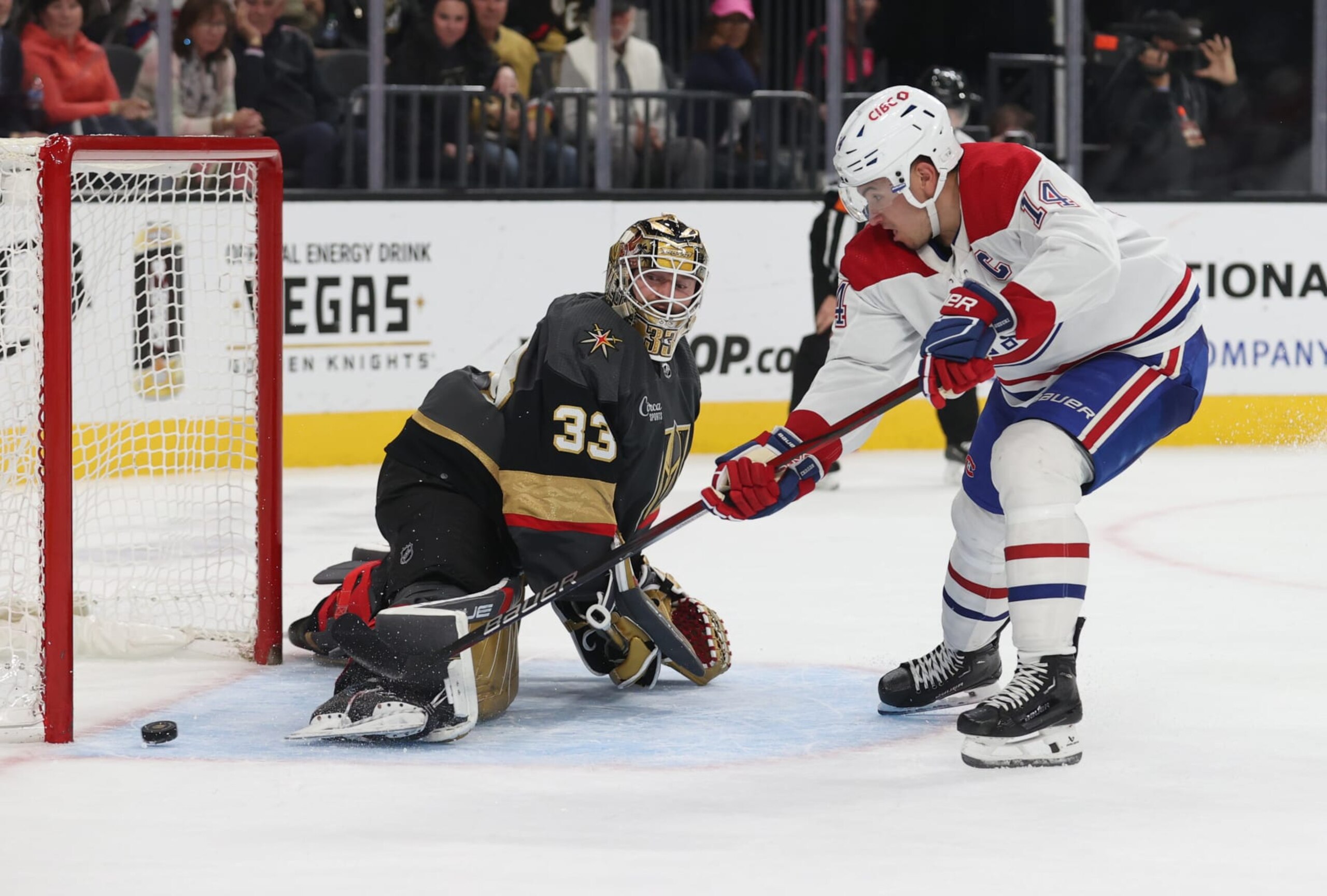 LAS VEGAS, NEVADA - OCTOBER 30: Nick Suzuki #14 of the Montreal Canadiens scores a goal against Adin Hill #33 of the Vegas Golden Knights in a shoot out at T-Mobile Arena on October 30, 2023 in Las Vegas, Nevada. (Photo by Zak Krill/NHLI via Getty Images) LAS VEGAS, NEVADA - OCTOBER 30: Nick Suzuki #14 of the Montreal Canadiens scores a goal against Adin Hill #33 of the Vegas Golden Knights in a shoot out at T-Mobile Arena on October 30, 2023 in Las Vegas, Nevada. (Photo by Zak Krill/NHLI via Getty Images)