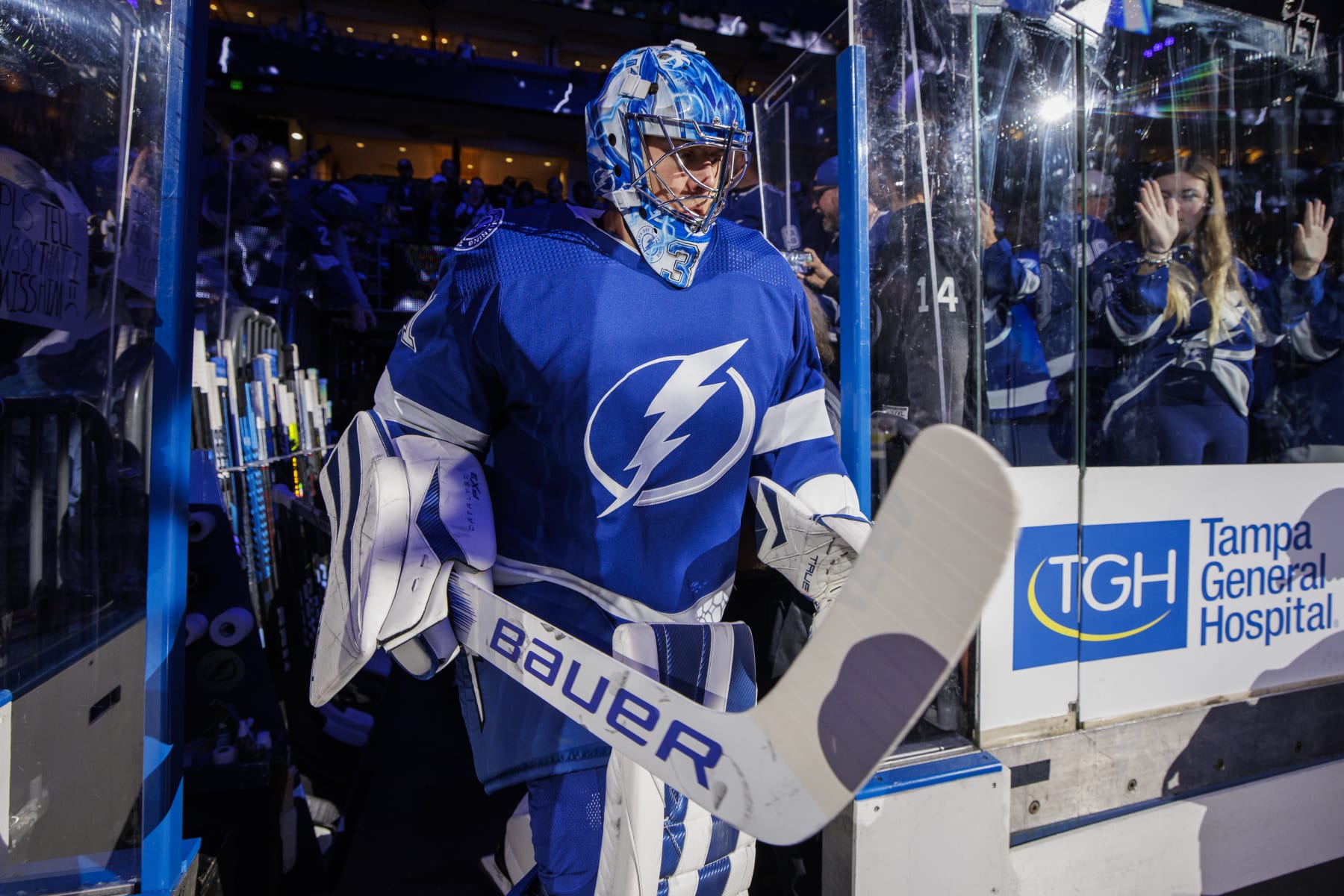 TAMPA, FL - OCTOBER 30: Jonas Johansson #31 of the Tampa Bay Lightning before the game against the Seattle Kraken at Amalie Arena on October 30, 2023 in Tampa, Florida. (Photo by Mark LoMoglio/NHLI via Getty Images)