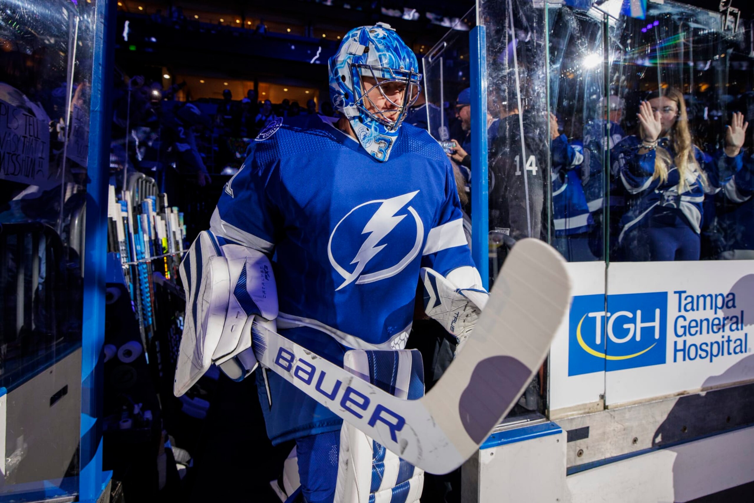 TAMPA, FL - OCTOBER 30: Jonas Johansson #31 of the Tampa Bay Lightning before the game against the Seattle Kraken at Amalie Arena on October 30, 2023 in Tampa, Florida. (Photo by Mark LoMoglio/NHLI via Getty Images) TAMPA, FL - OCTOBER 30: Jonas Johansson #31 of the Tampa Bay Lightning before the game against the Seattle Kraken at Amalie Arena on October 30, 2023 in Tampa, Florida. (Photo by Mark LoMoglio/NHLI via Getty Images)