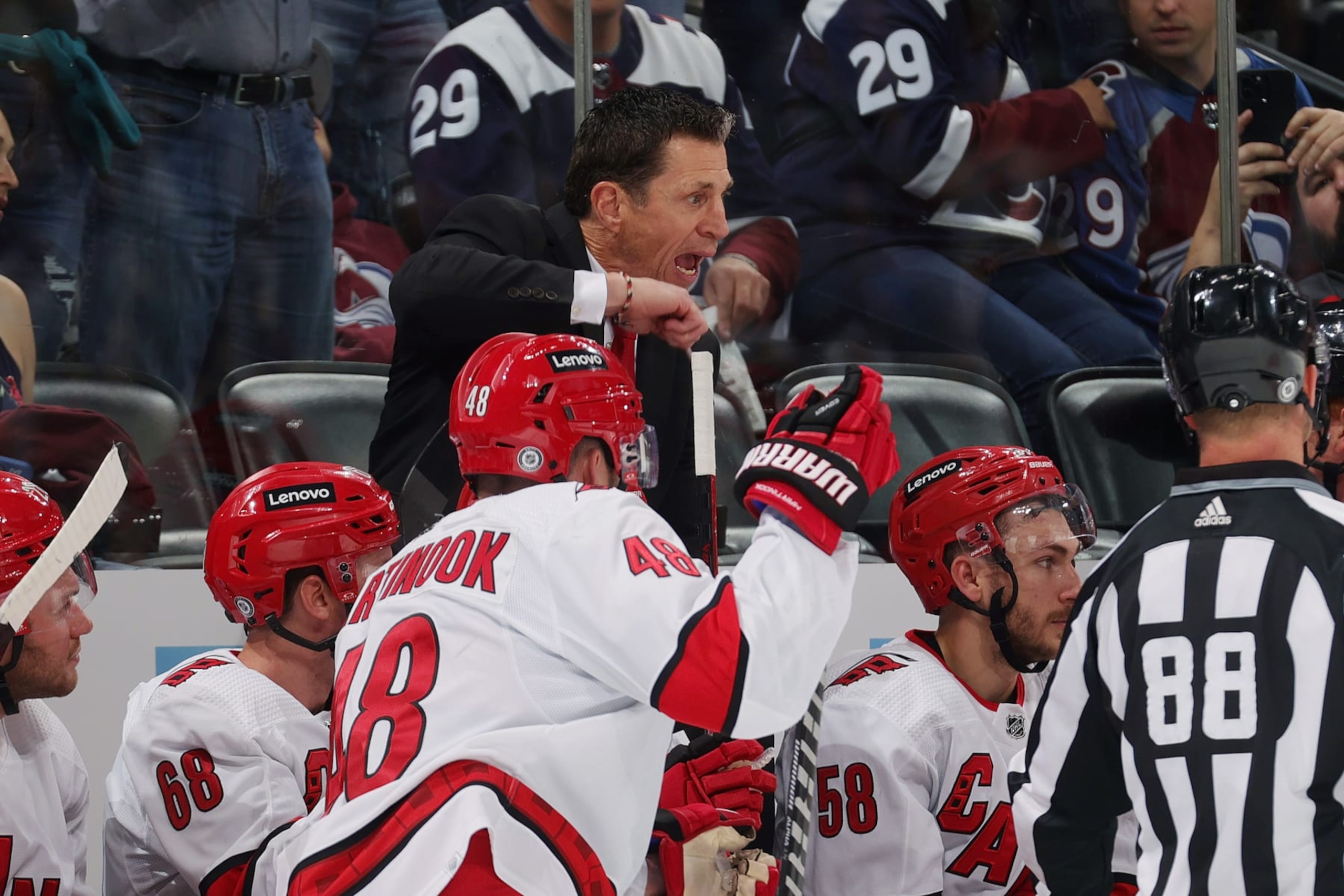 DENVER, COLORADO - OCTOBER 21: Head coach of the Carolina Hurricanes Rod Brind'Amour yells during a break in play against the Colorado Avalanche at Ball Arena on October 21, 2023 in Denver, Colorado. (Photo by Michael Martin/NHLI via Getty Images) DENVER, COLORADO - OCTOBER 21: Head coach of the Carolina Hurricanes Rod Brind'Amour yells during a break in play against the Colorado Avalanche at Ball Arena on October 21, 2023 in Denver, Colorado. (Photo by Michael Martin/NHLI via Getty Images)