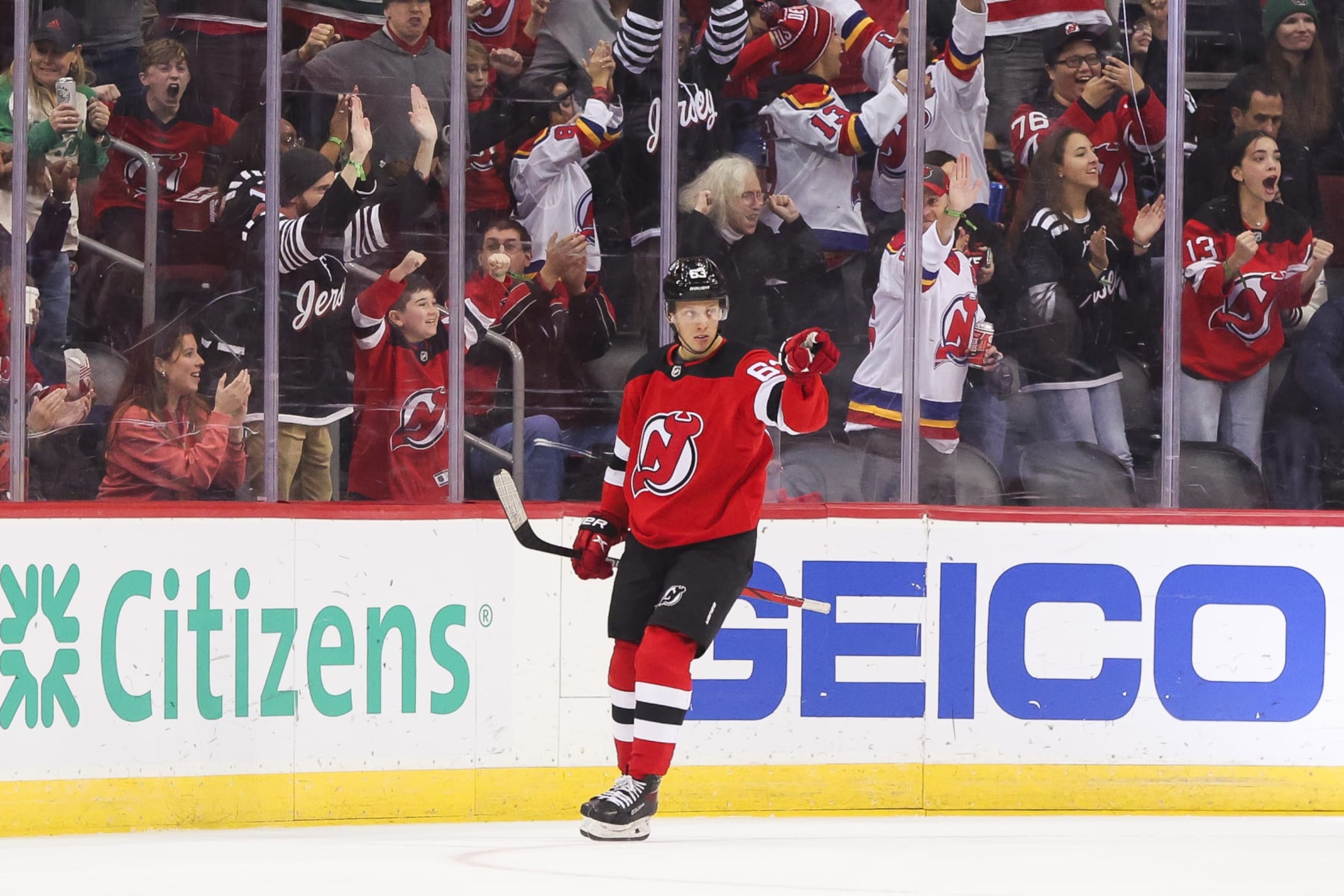 NEWARK, NJ - OCTOBER 29: New Jersey Devils left wing Jesper Bratt (63) celebrates after scoring a goal during a game between the Minnesota Wild and New Jersey Devils on October 29, 2023 at Prudential Center in the Newark, New Jersey.(Photo by Andrew Mordzynski/Icon Sportswire via Getty Images) NEWARK, NJ - OCTOBER 29: New Jersey Devils left wing Jesper Bratt (63) celebrates after scoring a goal during a game between the Minnesota Wild and New Jersey Devils on October 29, 2023 at Prudential Center in the Newark, New Jersey.(Photo by Andrew Mordzynski/Icon Sportswire via Getty Images)