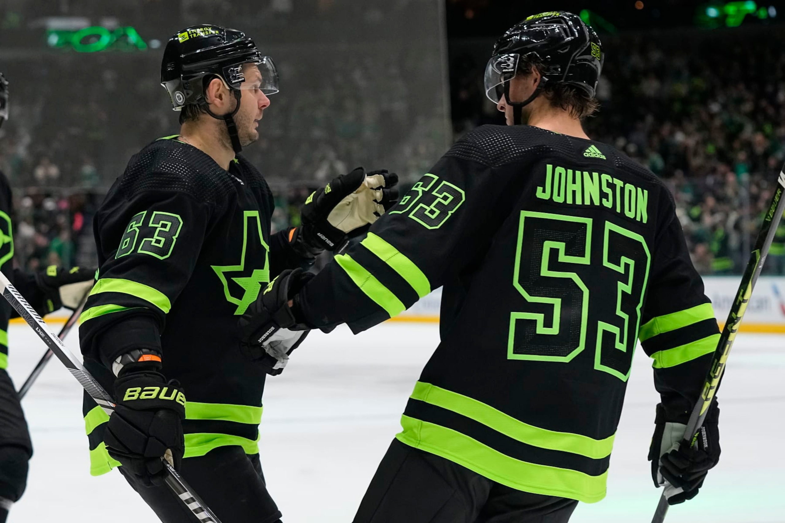 DALLAS, TEXAS - OCTOBER 30: Evgenii Dadonov #63 and Wyatt Johnston #53 of the Dallas Stars celebrates with a goal during the third period against the Columbus Blue Jackets at American Airlines Center on October 30, 2023 in Dallas, Texas. (Photo by Sam Hodde/Getty Images) DALLAS, TEXAS - OCTOBER 30: Evgenii Dadonov #63 and Wyatt Johnston #53 of the Dallas Stars celebrates with a goal during the third period against the Columbus Blue Jackets at American Airlines Center on October 30, 2023 in Dallas, Texas. (Photo by Sam Hodde/Getty Images)