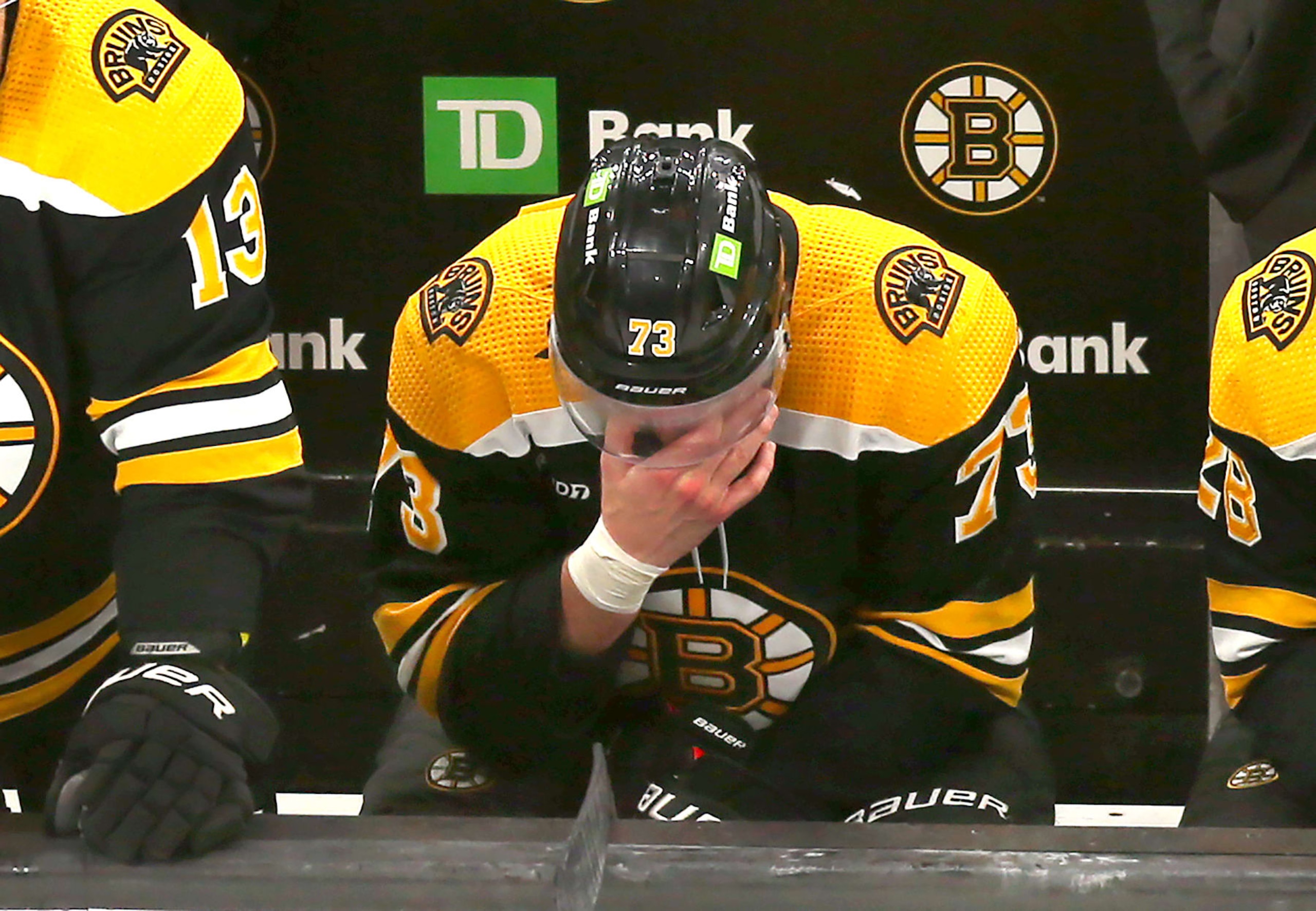 Boston, MA - April 30: Boston Bruins D Charlie McAvoy bows his head following the loss. The Bruins lost to the Florida Panthers, 4-3, in Game 7 of their Eastern Conference First Round Series. (Photo by John Tlumacki/The Boston Globe via Getty Images) Boston, MA - April 30: Boston Bruins D Charlie McAvoy bows his head following the loss. The Bruins lost to the Florida Panthers, 4-3, in Game 7 of their Eastern Conference First Round Series. (Photo by John Tlumacki/The Boston Globe via Getty Images)