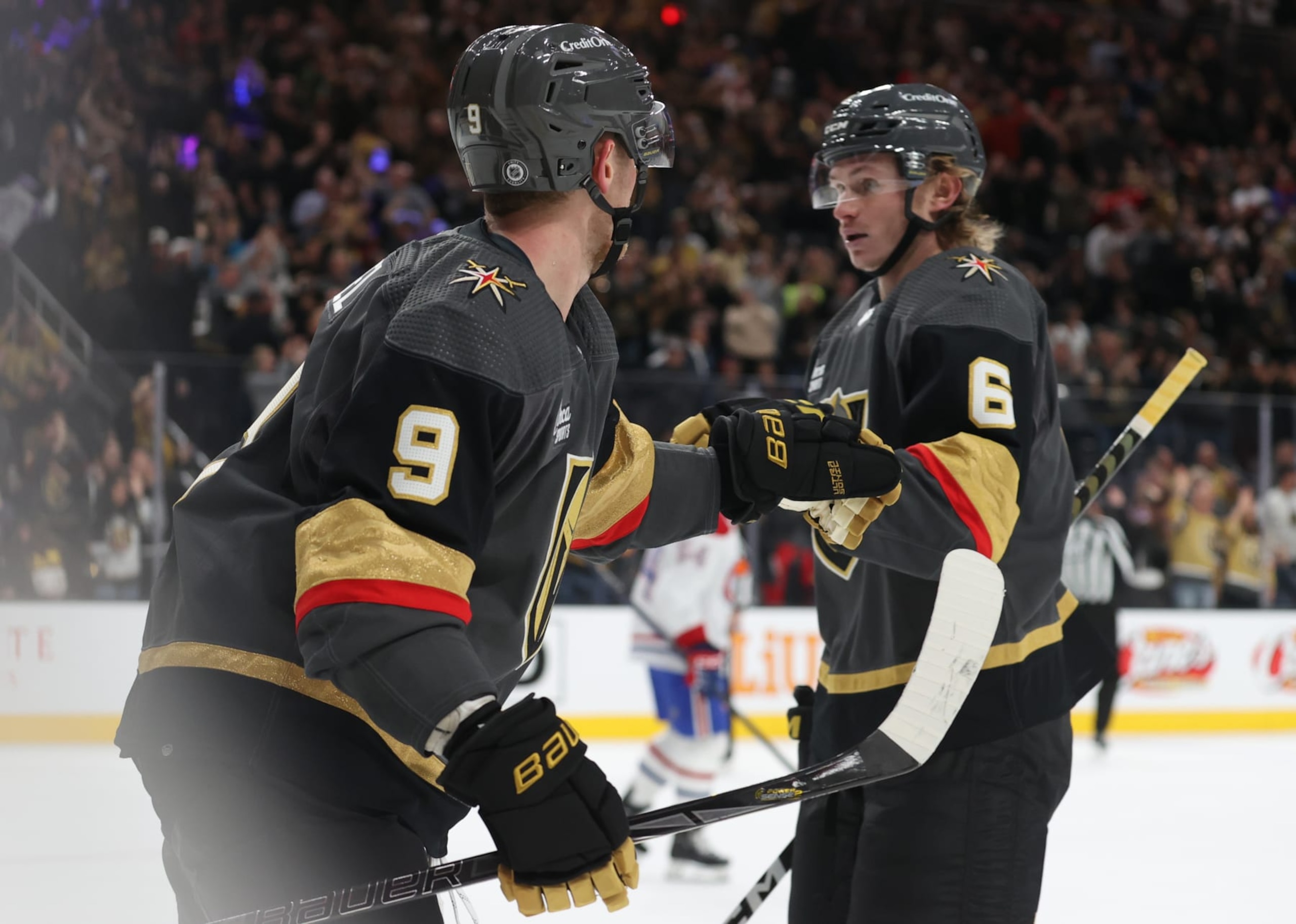 LAS VEGAS, NEVADA - OCTOBER 30: Jack Eichel #9 and Kaedan Korczak #6 of the Vegas Golden Knights celebrate after a goal by William Carrier #28 during the second period against the Montreal Canadiens at T-Mobile Arena on October 30, 2023 in Las Vegas, Nevada. (Photo by Zak Krill/NHLI via Getty Images) LAS VEGAS, NEVADA - OCTOBER 30: Jack Eichel #9 and Kaedan Korczak #6 of the Vegas Golden Knights celebrate after a goal by William Carrier #28 during the second period against the Montreal Canadiens at T-Mobile Arena on October 30, 2023 in Las Vegas, Nevada. (Photo by Zak Krill/NHLI via Getty Images)