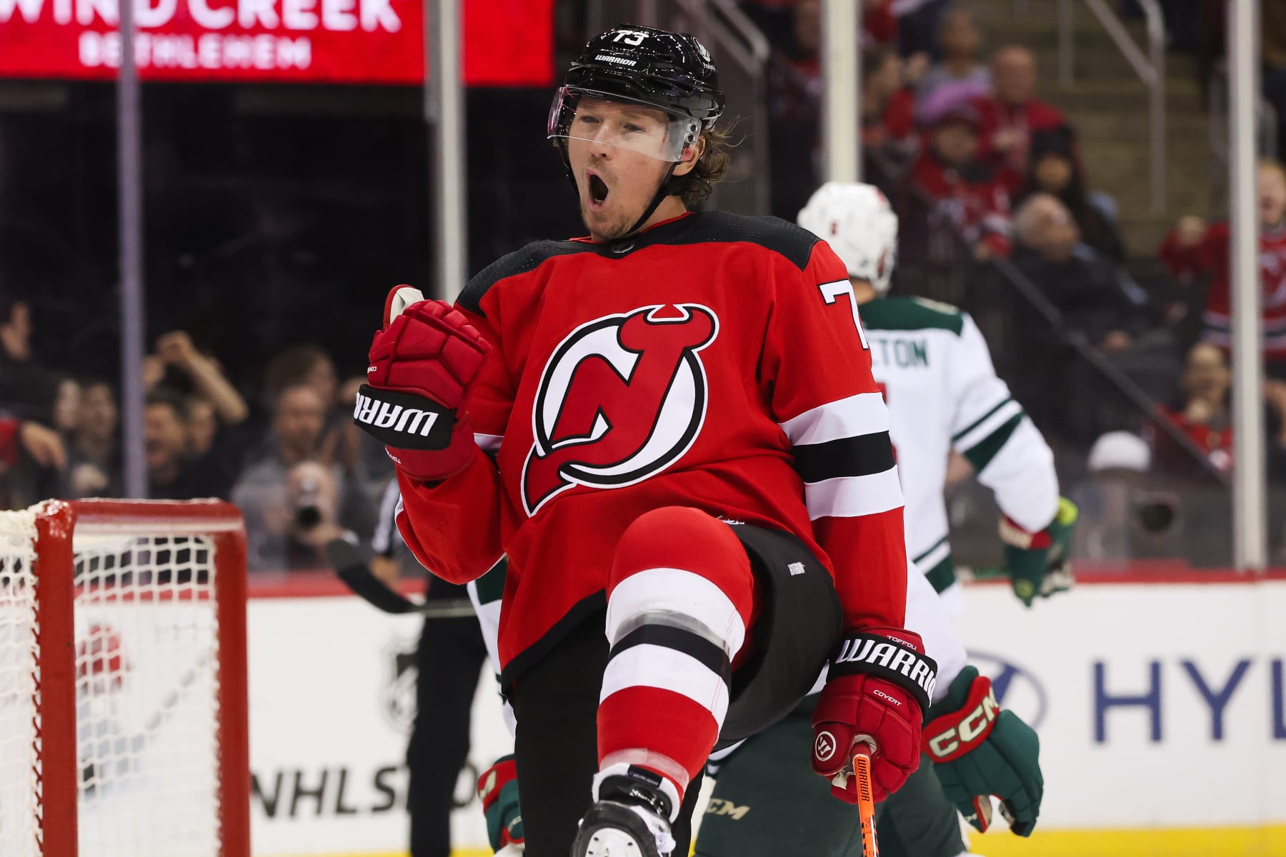NEWARK, NJ - OCTOBER 29: New Jersey Devils right wing Tyler Toffoli (73) celebrates after scoring a goal during a game between the Minnesota Wild and New Jersey Devils on October 29, 2023 at Prudential Center in the Newark, New Jersey.(Photo by Andrew Mordzynski/Icon Sportswire via Getty Images)