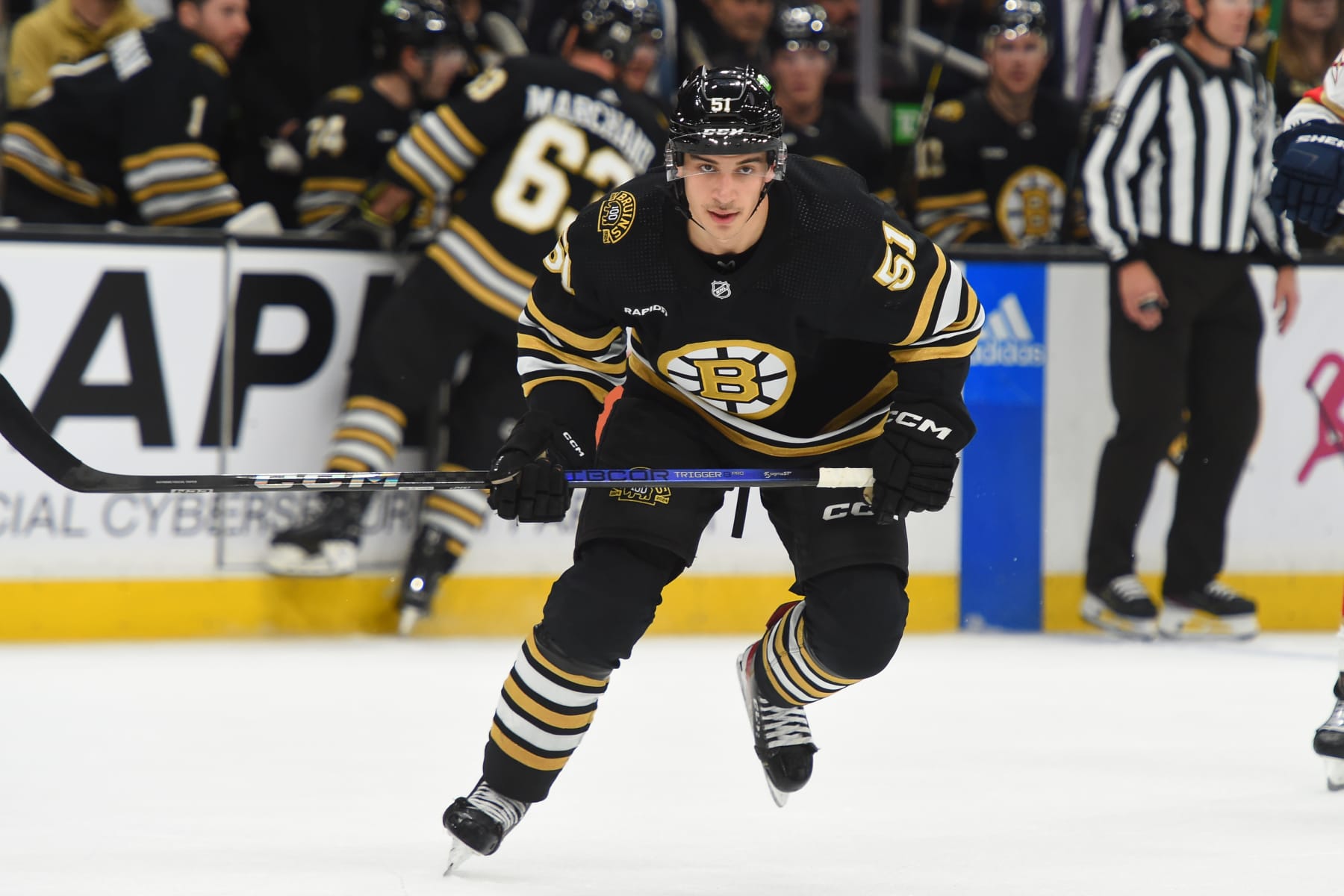 BOSTON, MASSACHUSETTS - OCTOBER 30: Matthew Poitras #51 of the Boston Bruins skates against the Florida Panthers on October 30, 2023 at the TD Garden in Boston, Massachusetts. (Photo by Steve Babineau/NHLI via Getty Images)