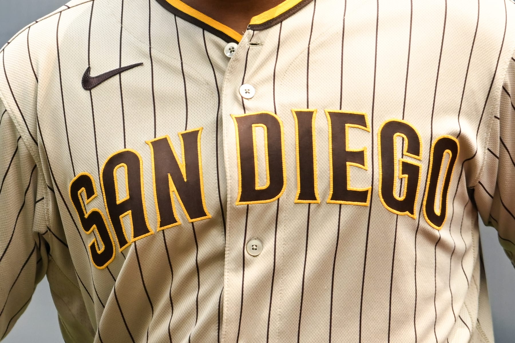 PITTSBURGH, PENNSYLVANIA - JUNE 29, 2023: A closeup view of the San Diego Padres logo on the jersey worn by Juan Soto #22 of the San Diego Padres after the first inning against the Pittsburgh Pirates at PNC Park on June 29, 2023 in Pittsburgh, Pennsylvania. (Photo by Nick Cammett/Diamond Images via Getty Images)