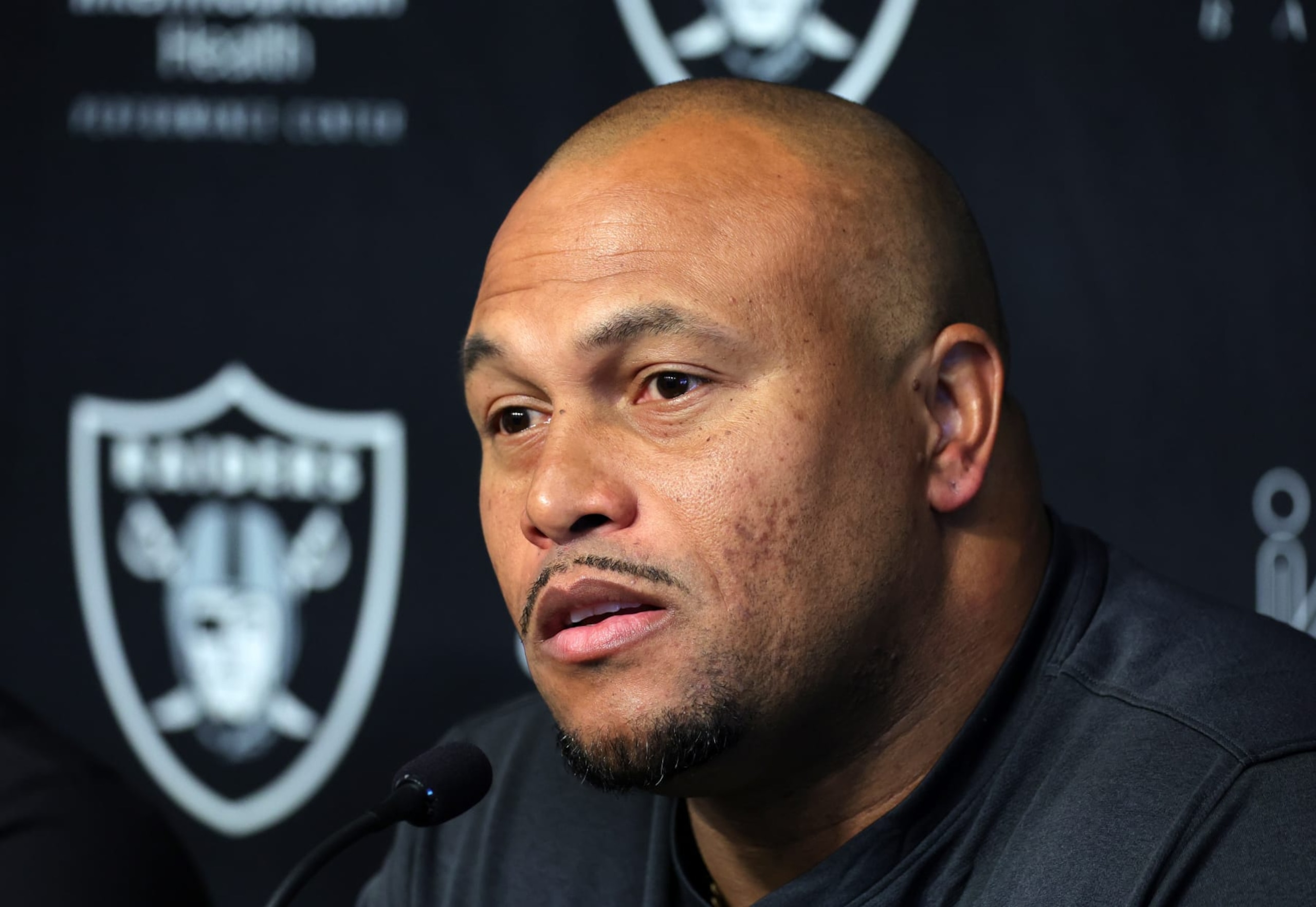 HENDERSON, NEVADA - NOVEMBER 01: Interim head coach Antonio Pierce of the Las Vegas Raiders attends a news conference at the Las Vegas Raiders Headquarters/Intermountain Healthcare Performance Center on November 01, 2023 in Henderson, Nevada. The Raiders introduced Pierce and interim general manager Champ Kelly after firing head coach Josh McDaniels and general manager Dave Ziegler yesterday. (Photo by Ethan Miller/Getty Images)