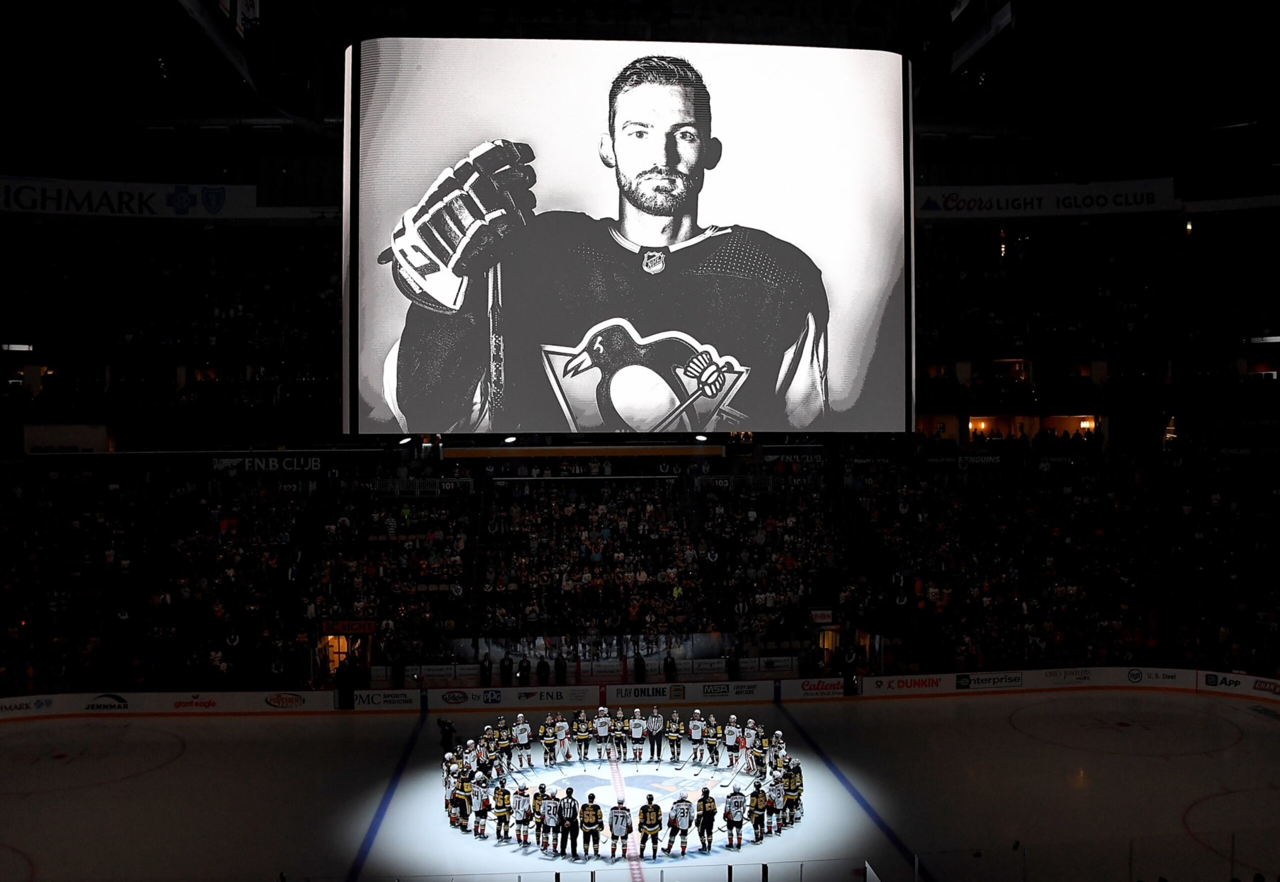 PITTSBURGH, PA - OCTOBER 30: Adam Johnson is remembered before the game between the Pittsburgh Penguins and the Anaheim Ducks at PPG PAINTS Arena on October 30, 2023 in Pittsburgh, Pennsylvania. (Photo by Joe Sargent/NHLI via Getty Images) PITTSBURGH, PA - OCTOBER 30: Adam Johnson is remembered before the game between the Pittsburgh Penguins and the Anaheim Ducks at PPG PAINTS Arena on October 30, 2023 in Pittsburgh, Pennsylvania. (Photo by Joe Sargent/NHLI via Getty Images)