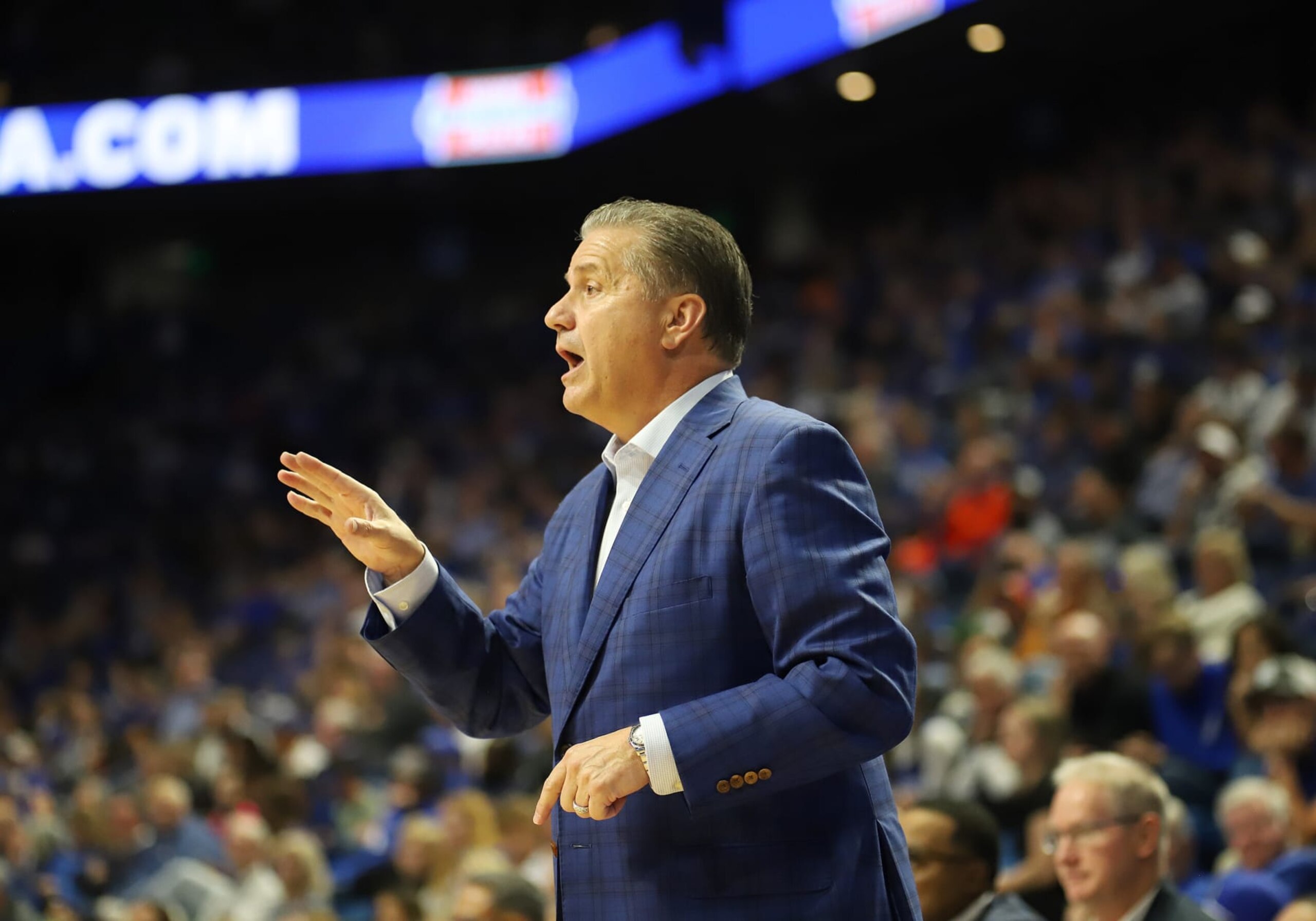 LEXINGTON, KY - OCTOBER 27: Kentucky Wildcats head coach John Calipari in a game between the Georgetown College Tigers and the Kentucky Wildcats on October 27, 2023, at Rupp Arena in Lexington, KY. (Photo by Jeff Moreland/Icon Sportswire via Getty Images)