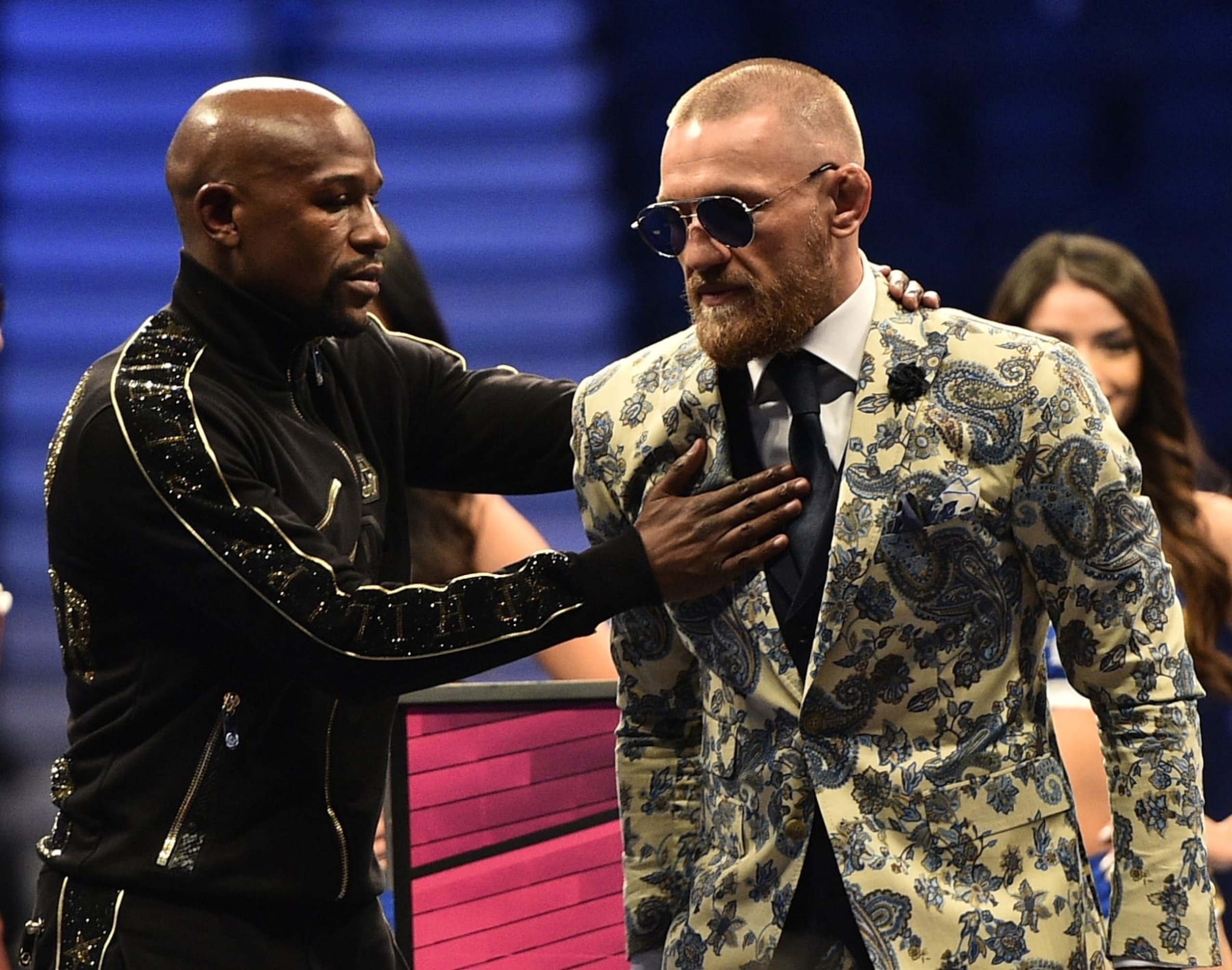 LAS VEGAS, NV - AUGUST 26:  (L-R) Floyd Mayweather Jr. and Conor McGregor attend a news conference after Mayweather defeated Conor McGregor by 10th-round TKO in their super welterweight boxing match at T-Mobile Arena on August 26, 2017 in Las Vegas, Nevada. (Photo by Jeff Bottari/Zuffa LLC/Zuffa LLC via Getty Images)