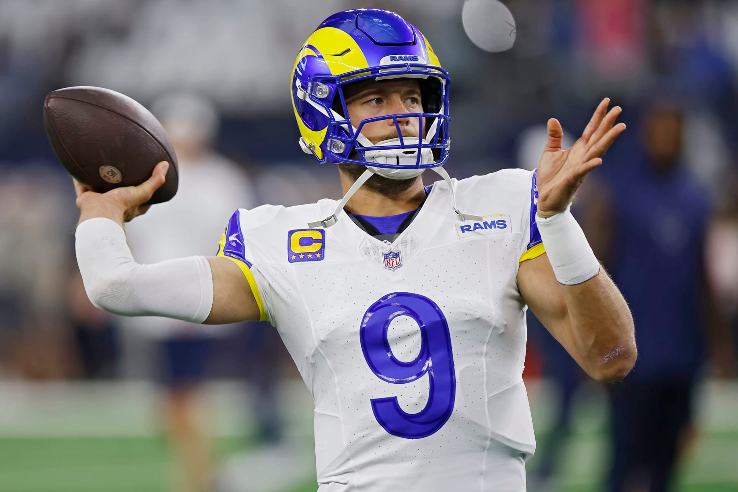 ARLINGTON, TEXAS - OCTOBER 29: Matthew Stafford #9 of the Los Angeles Rams warms up prior to a game against the Dallas Cowboys at AT&T Stadium on October 29, 2023 in Arlington, Texas. (Photo by Ron Jenkins/Getty Images)