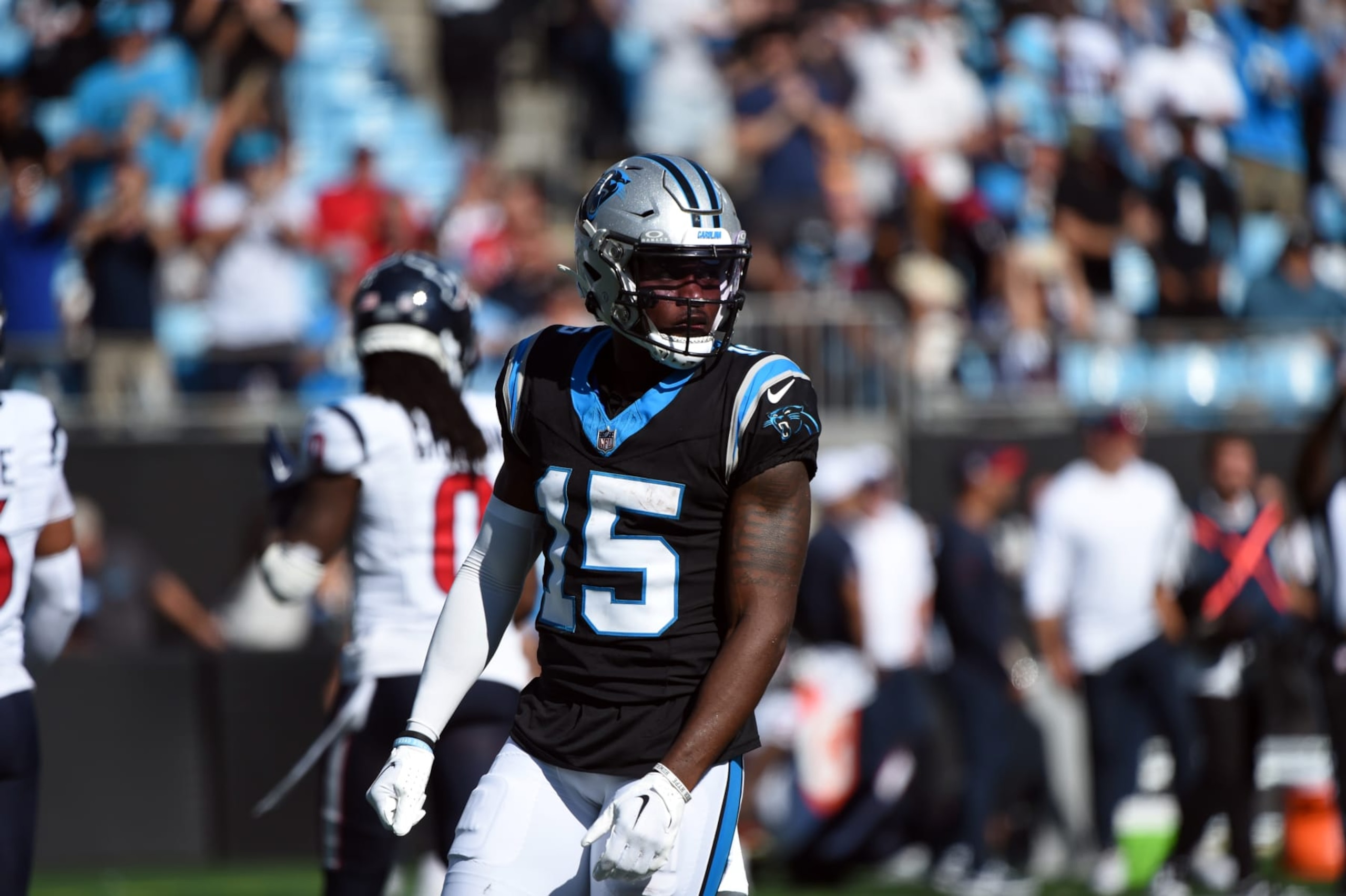CHARLOTTE, NC - OCTOBER 29: Carolina Panthers WR Jonathan Mingo gets ready for a play during game featuring the Houston Texans and the Carolina Panthers on October 29, 2023 at Bank of America Stadium in Charlotte, N.C. (Photo by John Rivera/Icon Sportswire via Getty Images)