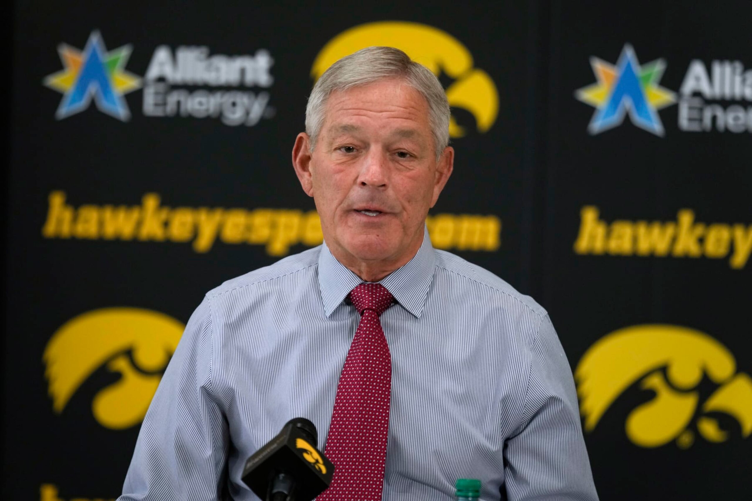 Iowa head coach Kirk Ferentz speaks during a news conference, Tuesday, Oct. 31, 2023, in Iowa City, Iowa. Iowa interim athletic director Beth Goetz announced on Monday that Ferentz's son, Brian, would not return as offensive coordinator next year. (AP Photo/Charlie Neibergall) Iowa head coach Kirk Ferentz speaks during a news conference, Tuesday, Oct. 31, 2023, in Iowa City, Iowa. Iowa interim athletic director Beth Goetz announced on Monday that Ferentz's son, Brian, would not return as offensive coordinator next year. (AP Photo/Charlie Neibergall)