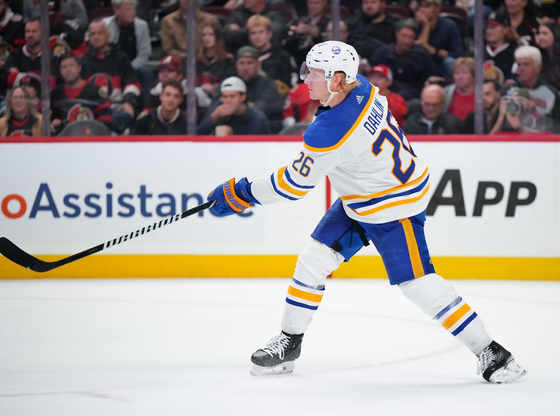 OTTAWA, CANADA - OCTOBER 24:  Rasmus Dahlin #26 of the Buffalo Sabres skates against the Ottawa Senators at Canadian Tire Centre on October 24, 2023 in Ottawa, Ontario, Canada.  (Photo by André Ringuette/NHLI via Getty Images)