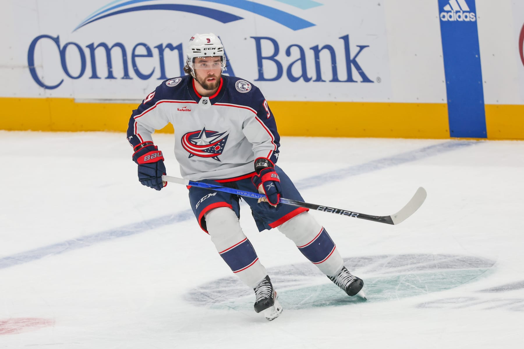 DALLAS, TX - OCTOBER 30: Columbus Blue Jackets defenseman Ivan Provorov (9) skates during the game between the Dallas Stars and the Columbus Blue Jackets on October 30, 2023 at the American Airlines Center in Dallas, TX. (Photo by George Walker/Icon Sportswire via Getty Images)