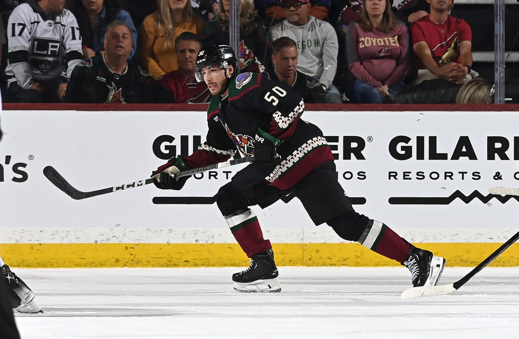TEMPE, ARIZONA - OCTOBER 27: Sean Durzi #50 of the Arizona Coyotes skates up ice against the Los Angeles Kings at Mullett Arena on October 27, 2023 in Tempe, Arizona. (Photo by Norm Hall/NHLI via Getty Images)