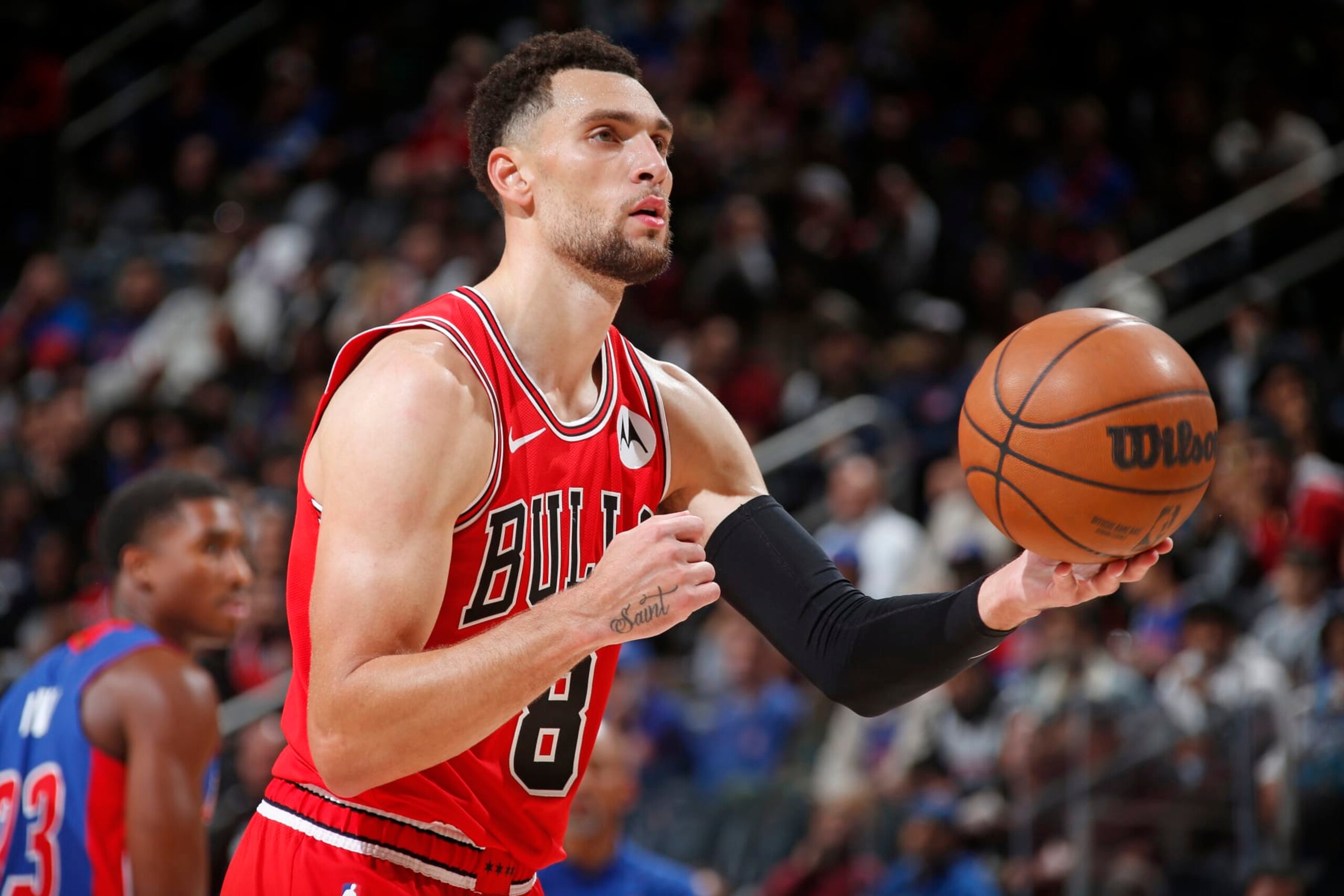 DETROIT, MI - OCTOBER 28: Zach LaVine #8 of the Chicago Bulls shoots a foul shot against the Detroit Pistons on October 28, 2023 at Little Caesars Arena in Detroit, Michigan. NOTE TO USER: User expressly acknowledges and agrees that, by downloading and/or using this photograph, User is consenting to the terms and conditions of the Getty Images License Agreement. Mandatory Copyright Notice: Copyright 2023 NBAE (Photo by Brian Sevald/NBAE via Getty Images) DETROIT, MI - OCTOBER 28: Zach LaVine #8 of the Chicago Bulls shoots a foul shot against the Detroit Pistons on October 28, 2023 at Little Caesars Arena in Detroit, Michigan. NOTE TO USER: User expressly acknowledges and agrees that, by downloading and/or using this photograph, User is consenting to the terms and conditions of the Getty Images License Agreement. Mandatory Copyright Notice: Copyright 2023 NBAE (Photo by Brian Sevald/NBAE via Getty Images)
