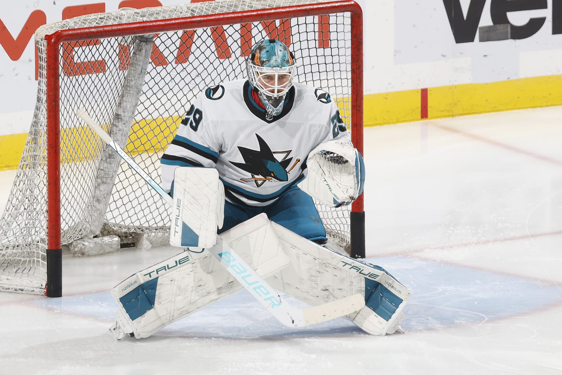SUNRISE, FL - OCTOBER 24: Goaltender MacKenzie Blackwood #29 of the San Jose Sharks warms up prior to the game against the Florida Panthers at the Amerant Bank Arena on October 24, 2023 in Sunrise, Florida. (Photo by Joel Auerbach/Getty Images)