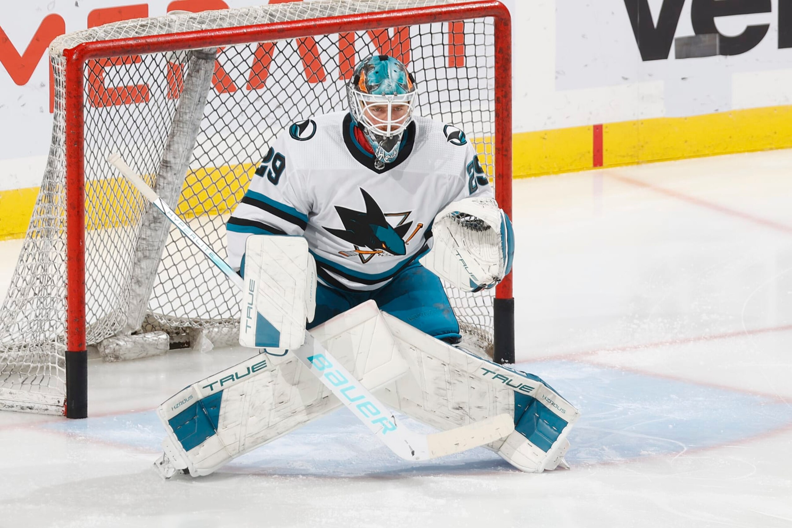 SUNRISE, FL - OCTOBER 24: Goaltender MacKenzie Blackwood #29 of the San Jose Sharks warms up prior to the game against the Florida Panthers at the Amerant Bank Arena on October 24, 2023 in Sunrise, Florida. (Photo by Joel Auerbach/Getty Images) SUNRISE, FL - OCTOBER 24: Goaltender MacKenzie Blackwood #29 of the San Jose Sharks warms up prior to the game against the Florida Panthers at the Amerant Bank Arena on October 24, 2023 in Sunrise, Florida. (Photo by Joel Auerbach/Getty Images)