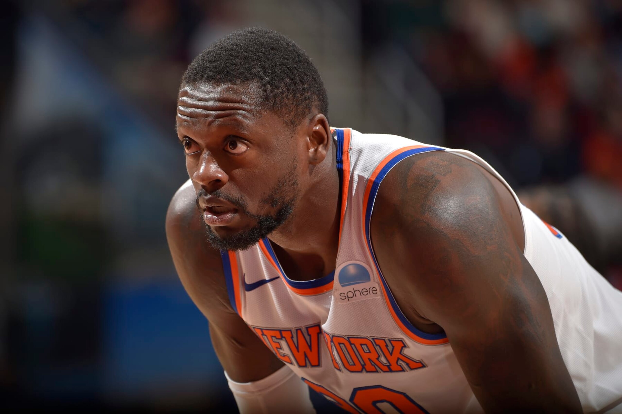 CLEVELAND, OH - OCTOBER 31: Julius Randle #30 of the New York Knicks looks on during the game against the Cleveland Cavaliers on October 31, 2023 at Rocket Mortgage FieldHouse in Cleveland, Ohio. NOTE TO USER: User expressly acknowledges and agrees that, by downloading and/or using this Photograph, user is consenting to the terms and conditions of the Getty Images License Agreement. Mandatory Copyright Notice: Copyright 2023 NBAE (Photo by David Liam Kyle/NBAE via Getty Images)