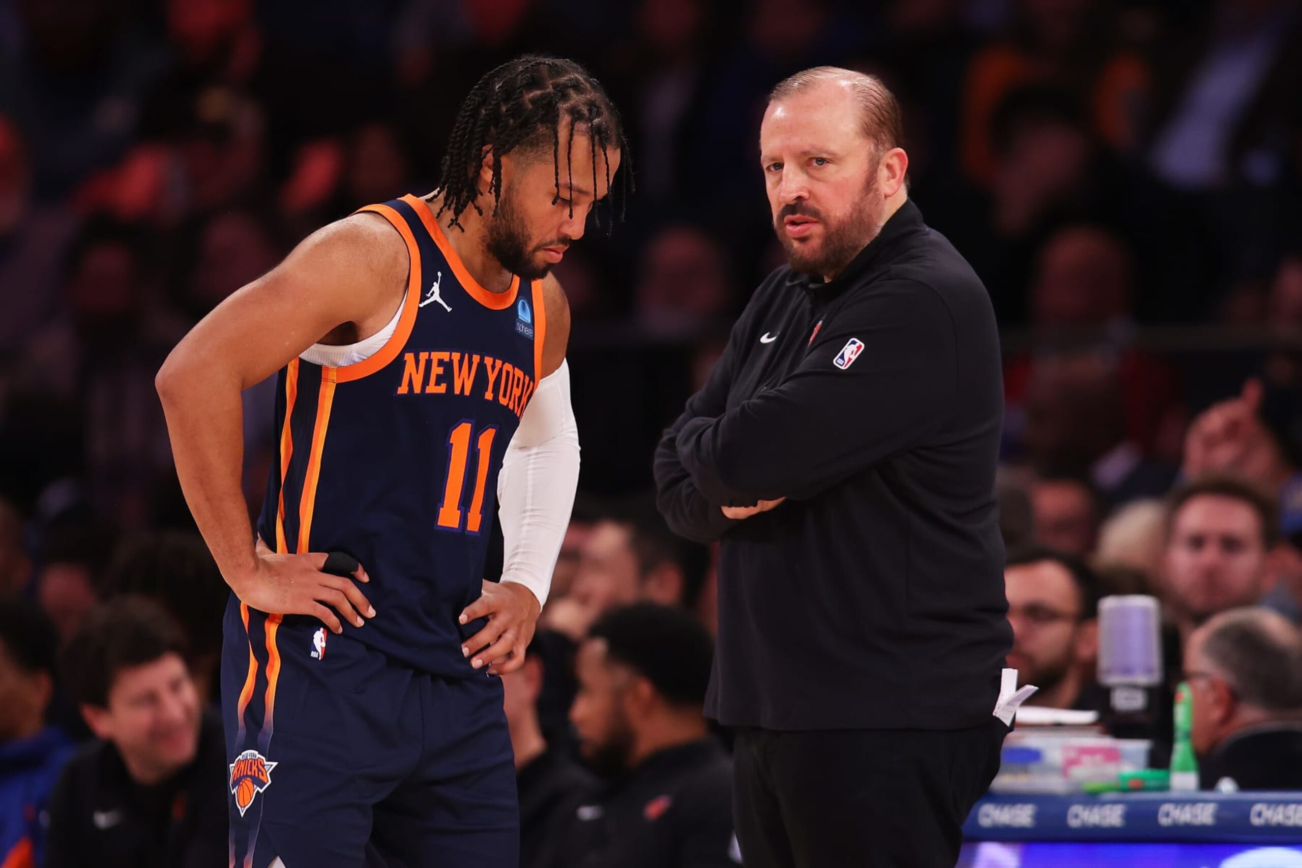 NEW YORK, NEW YORK - NOVEMBER 01: Head Coach Tom Thibodeau and Jalen Brunson #11 of the New York Knicks looks on during the second half against the Cleveland Cavaliers at Madison Square Garden on November 01, 2023 in New York City. NOTE TO USER: User expressly acknowledges and agrees that, by downloading and or using this photograph, User is consenting to the terms and conditions of the Getty Images License Agreement. Mandatory Copyright Notice: Copyright 2023 NBAE (Photo by Mike Stobe/Getty Images)