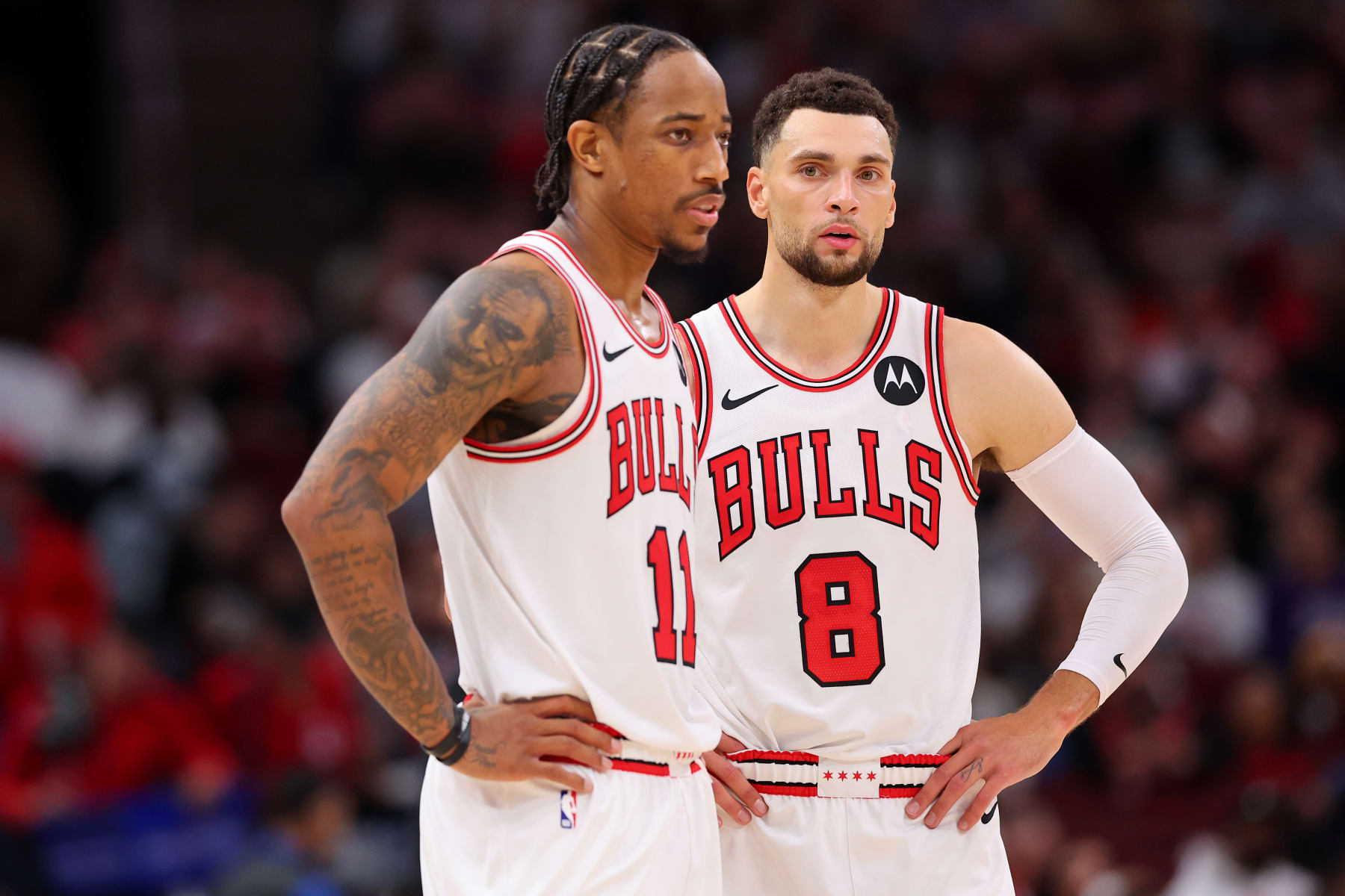 CHICAGO, ILLINOIS - OCTOBER 27: DeMar DeRozan #11 and Zach LaVine #8 of the Chicago Bulls look on against the Toronto Raptors during the second half at the United Center on October 27, 2023 in Chicago, Illinois. NOTE TO USER: User expressly acknowledges and agrees that, by downloading and or using this photograph, User is consenting to the terms and conditions of the Getty Images License Agreement. (Photo by Michael Reaves/Getty Images)