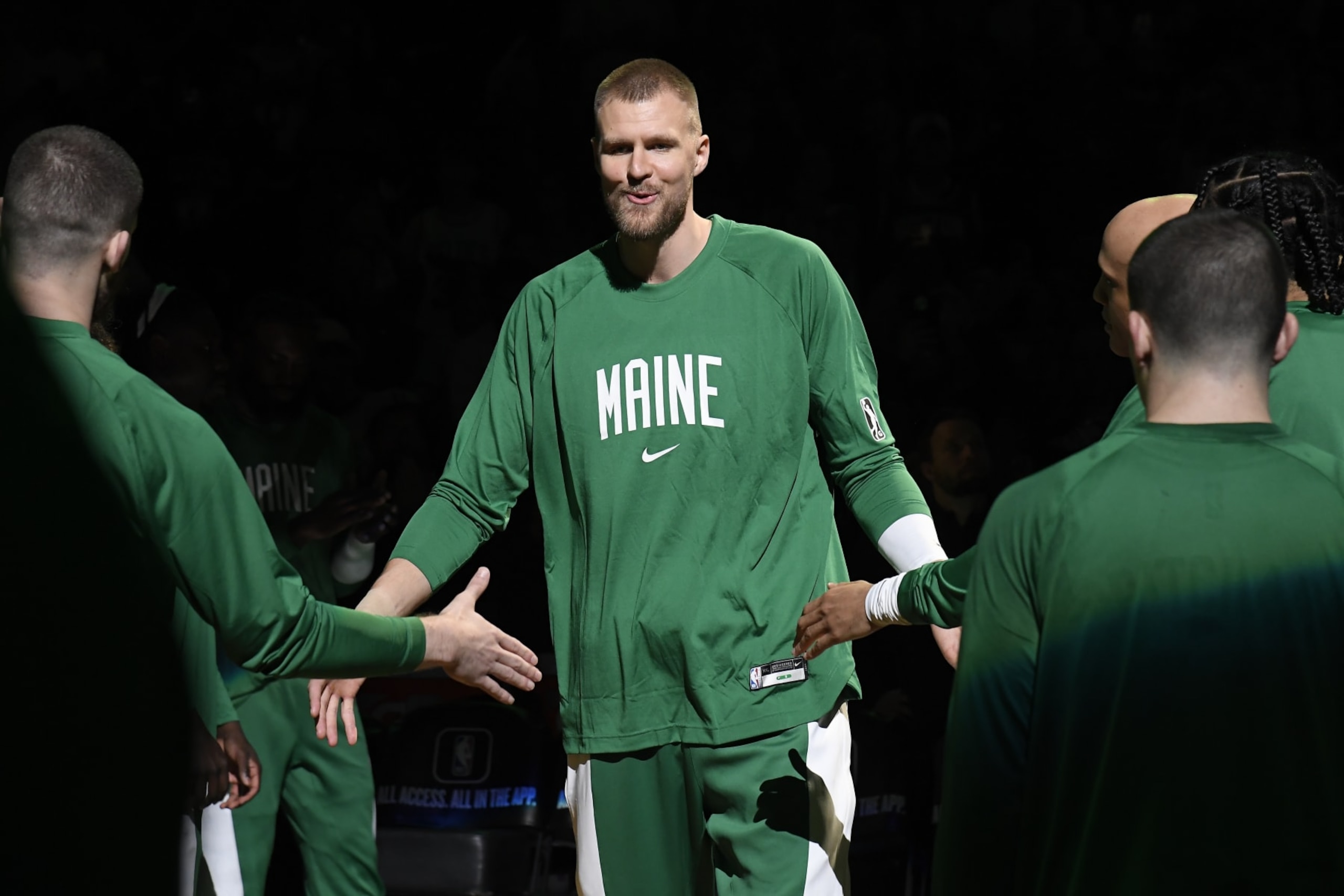 BOSTON, MA - OCTOBER 27: Kristaps Porzingis #8 of the Boston Celtics is introduced before the game against the Miami Heat  on October 27, 2023 at the TD Garden in Boston, Massachusetts. NOTE TO USER: User expressly acknowledges and agrees that, by downloading and or using this photograph, User is consenting to the terms and conditions of the Getty Images License Agreement. Mandatory Copyright Notice: Copyright 2023 NBAE  (Photo by Brian Babineau/NBAE via Getty Images)
