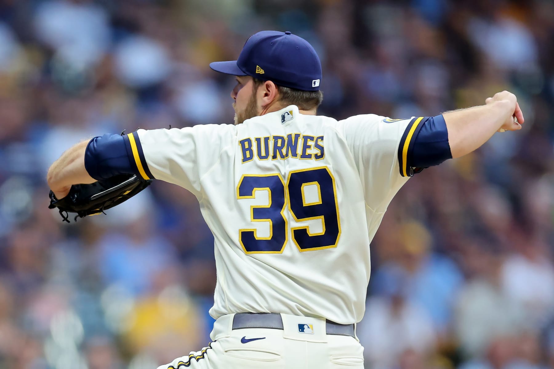 MILWAUKEE, WISCONSIN - OCTOBER 03: Corbin Burnes #39 of the Milwaukee Brewers pitches in the first inning against the Arizona Diamondbacks during Game One of the Wild Card Series at American Family Field on October 03, 2023 in Milwaukee, Wisconsin. (Photo by Stacy Revere/Getty Images)