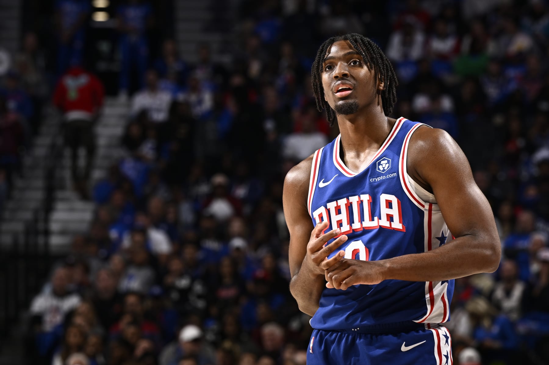 PHILADELPHIA, PA - OCTOBER 29: Tyrese Maxey #0 of the Philadelphia 76ers looks on during the game against the Portland Trail Blazers on October 29, 2023 at the Wells Fargo Center in Philadelphia, Pennsylvania NOTE TO USER: User expressly acknowledges and agrees that, by downloading and/or using this Photograph, user is consenting to the terms and conditions of the Getty Images License Agreement. Mandatory Copyright Notice: Copyright 2023 NBAE (Photo by David Dow/NBAE via Getty Images)