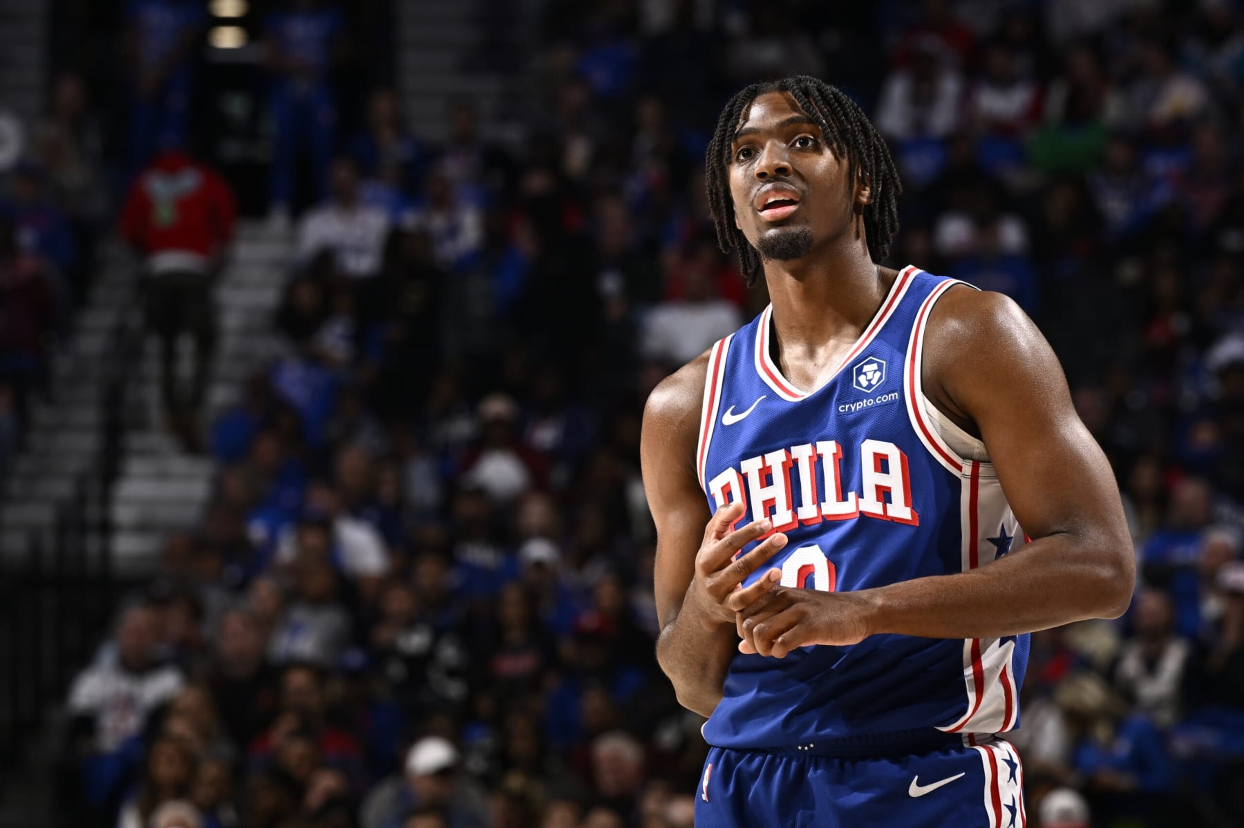 PHILADELPHIA, PA - OCTOBER 29: Tyrese Maxey #0 of the Philadelphia 76ers looks on during the game against the Portland Trail Blazers on October 29, 2023 at the Wells Fargo Center in Philadelphia, Pennsylvania NOTE TO USER: User expressly acknowledges and agrees that, by downloading and/or using this Photograph, user is consenting to the terms and conditions of the Getty Images License Agreement. Mandatory Copyright Notice: Copyright 2023 NBAE (Photo by David Dow/NBAE via Getty Images)
