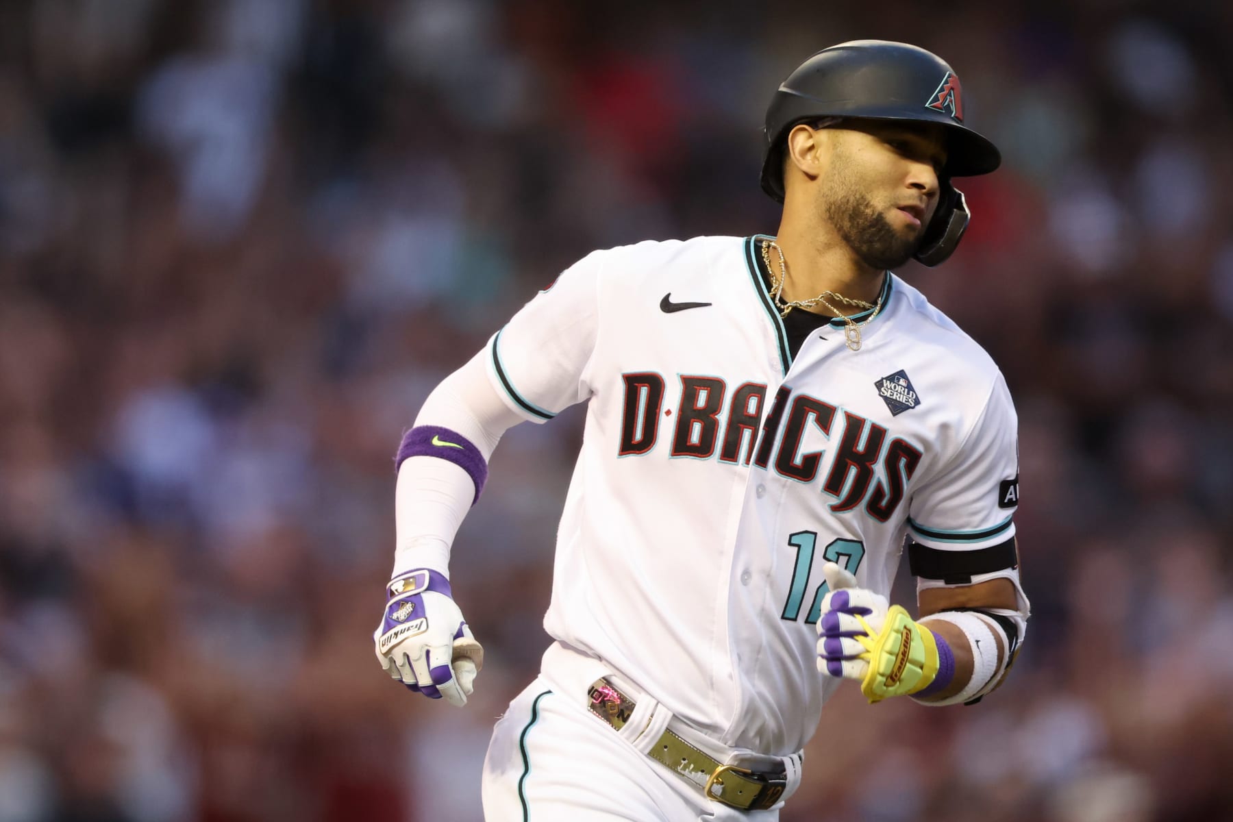PHOENIX, AZ - NOVEMBER 01:   Lourdes Gurriel Jr. #12 of the Arizona Diamondbacks runs to first after hitting a single in the second inning during Game 5 of the 2023 World Series between the Texas Rangers and the Arizona Diamondbacks at Chase Field on Wednesday, November 1, 2023 in Phoenix, Arizona. (Photo by Rob Tringali/MLB Photos via Getty Images)