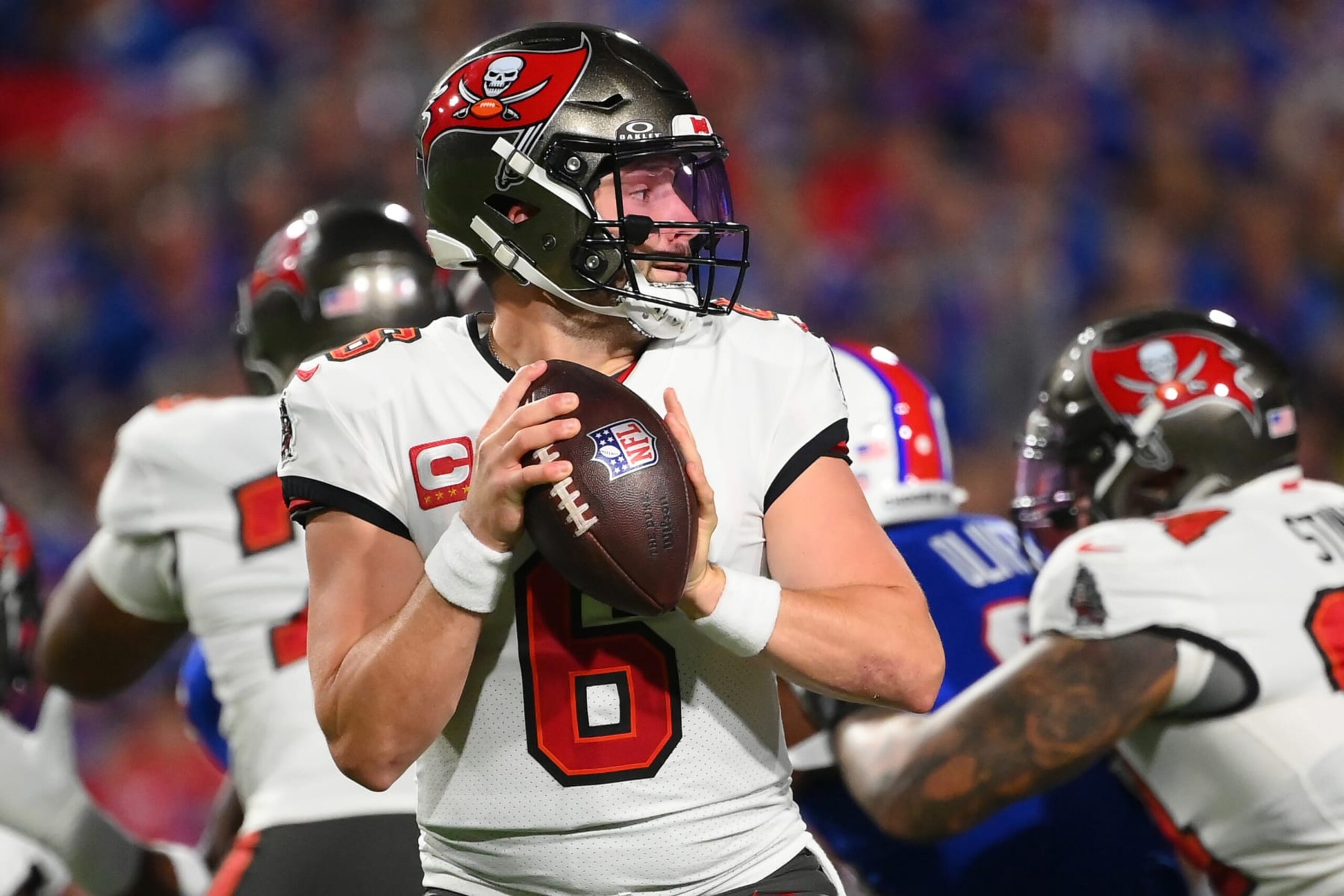 ORCHARD PARK, NEW YORK - OCTOBER 26: Baker Mayfield #6 of the Tampa Bay Buccaneers drops back to pass against the Buffalo Bills during the first half at Highmark Stadium on October 26, 2023 in Orchard Park, New York. (Photo by Rich Barnes/Getty Images)