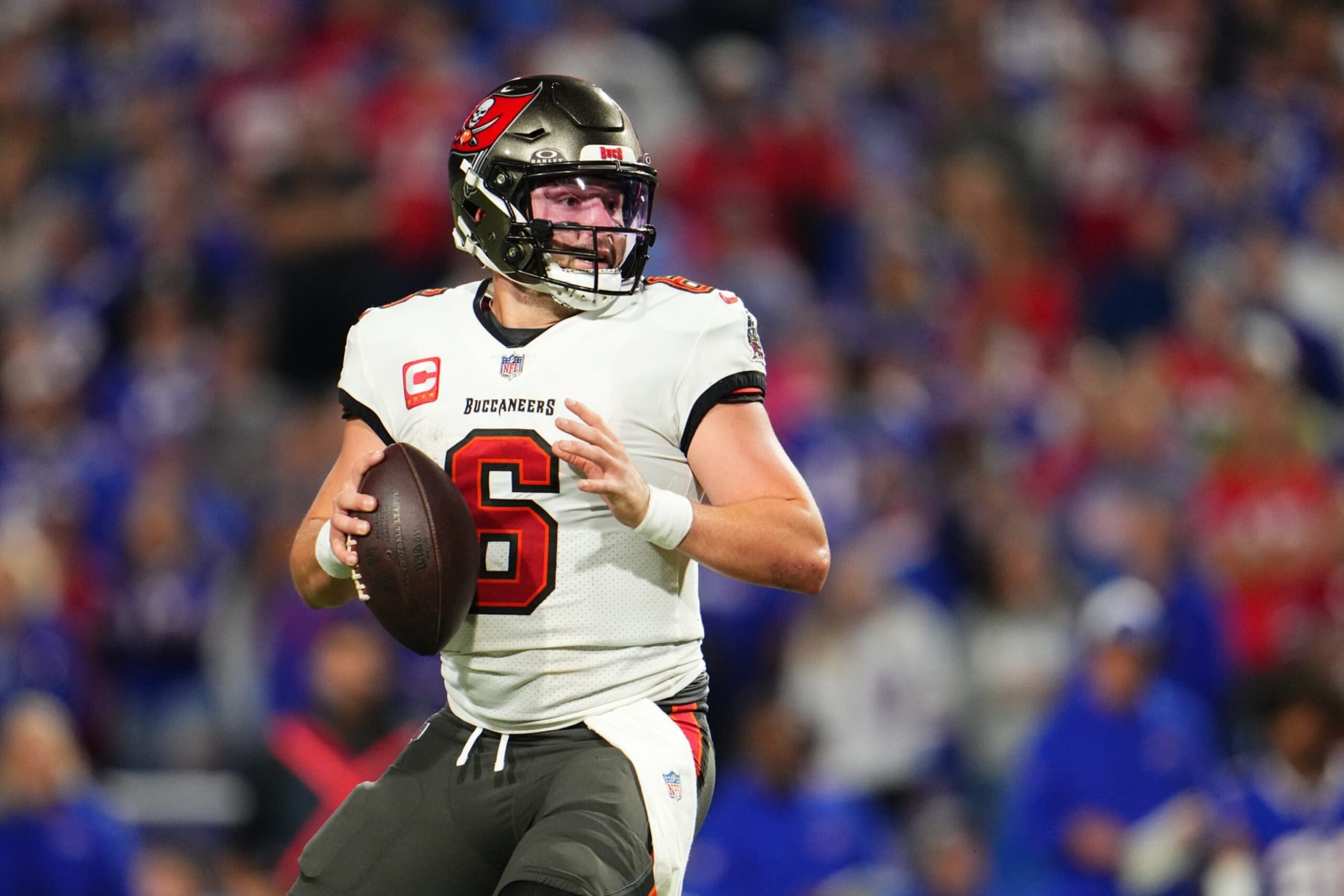 ORCHARD PARK, NY - OCTOBER 26: Baker Mayfield #6 of the Tampa Bay Buccaneers drops back to pass against the Buffalo Bills at Highmark Stadium on October 26, 2023 in Orchard Park, New York. (Photo by Cooper Neill/Getty Images)