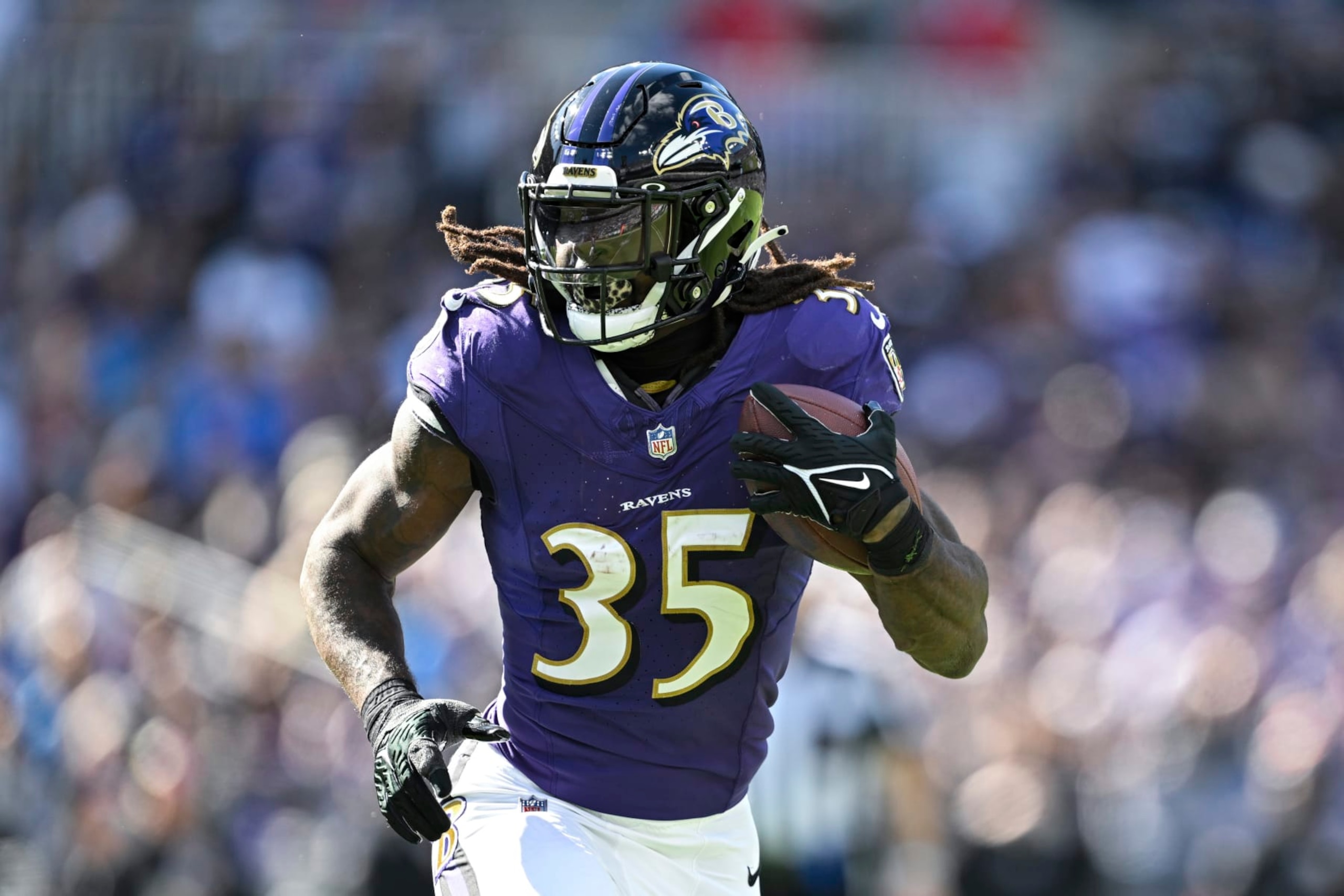 Baltimore Ravens running back Gus Edwards (35) runs the ball during the first half of an NFL football game against the Detroit Lions, Sunday, Oct. 22, 2023, in Baltimore. (AP Photo/Terrance Williams)
