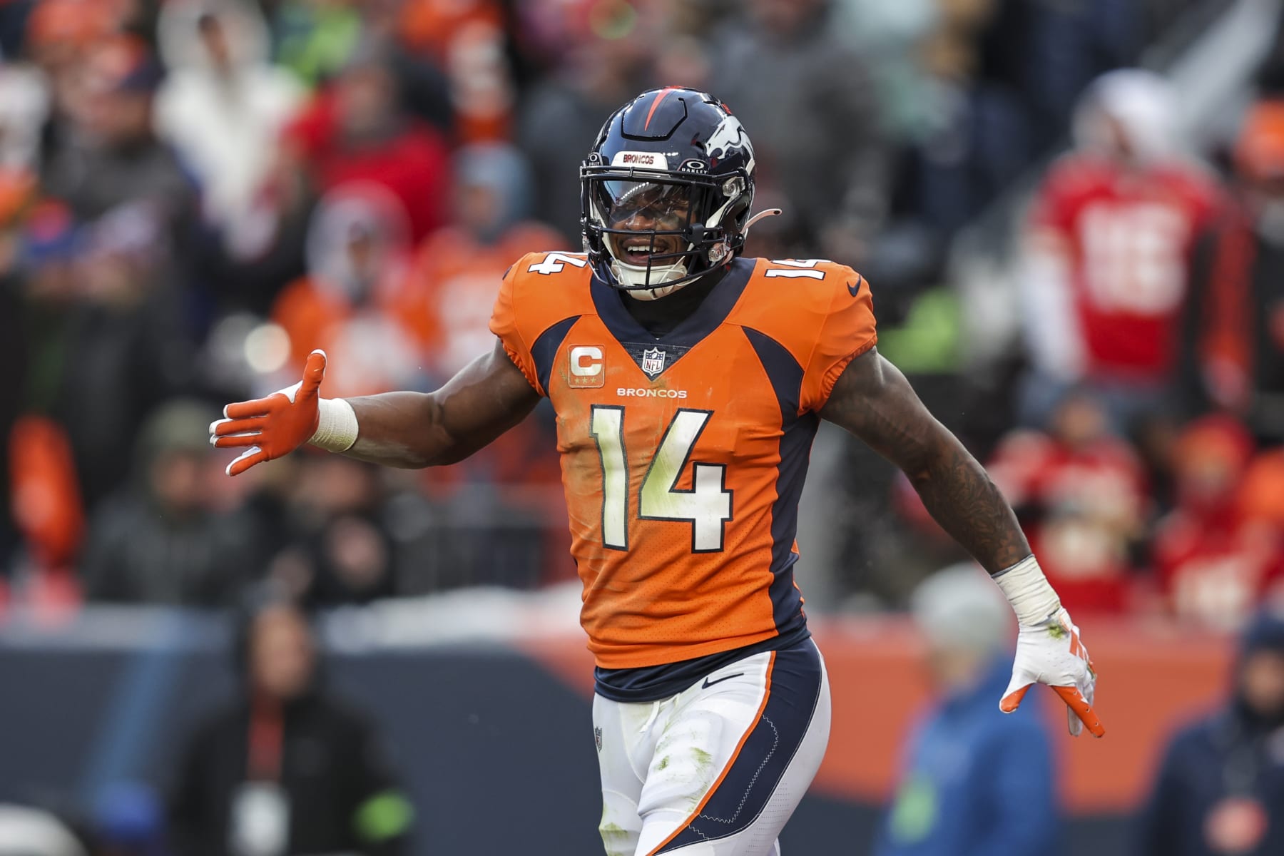 DENVER, COLORADO - OCTOBER 29: Courtland Sutton #14 of the Denver Broncos celebrates after scoring a touchdown during an NFL football game between the Denver Broncos and the Kansas City Chiefs at Empower Field At Mile High on October 29, 2023 in Denver, Colorado. (Photo by Michael Owens/Getty Images)