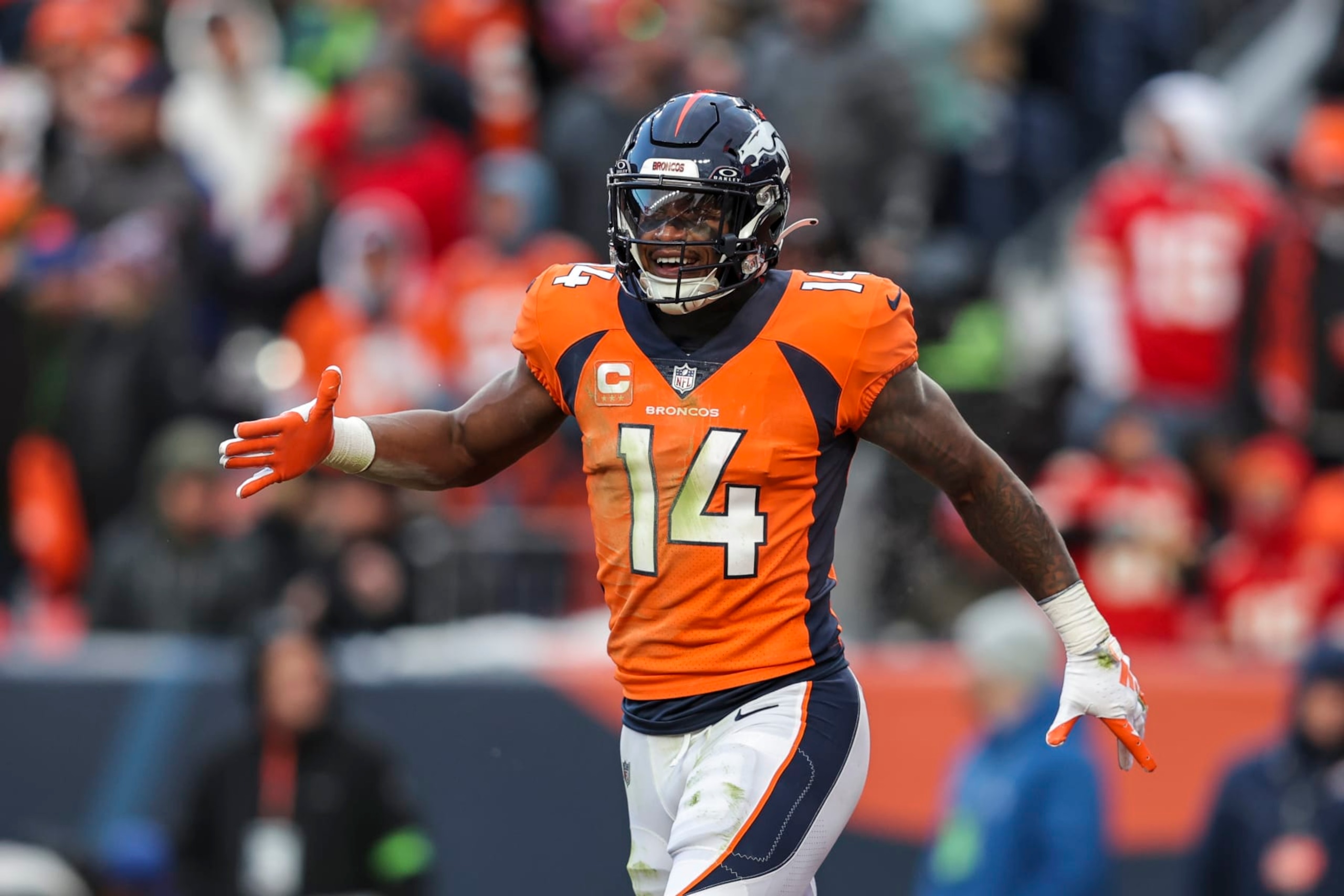 DENVER, COLORADO - OCTOBER 29: Courtland Sutton #14 of the Denver Broncos celebrates after scoring a touchdown during an NFL football game between the Denver Broncos and the Kansas City Chiefs at Empower Field At Mile High on October 29, 2023 in Denver, Colorado. (Photo by Michael Owens/Getty Images)