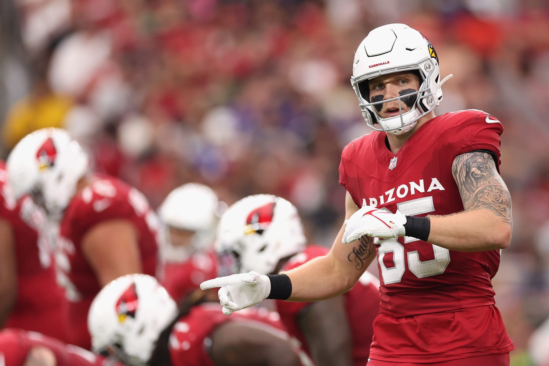 GLENDALE, ARIZONA - OCTOBER 29: Tight end Trey McBride #85 of the Arizona Cardinals lines up during the NFL game against the Baltimore Ravens at State Farm Stadium on October 29, 2023 in Glendale, Arizona. The Ravens defeated the Cardinals 31-24.  (Photo by Christian Petersen/Getty Images)