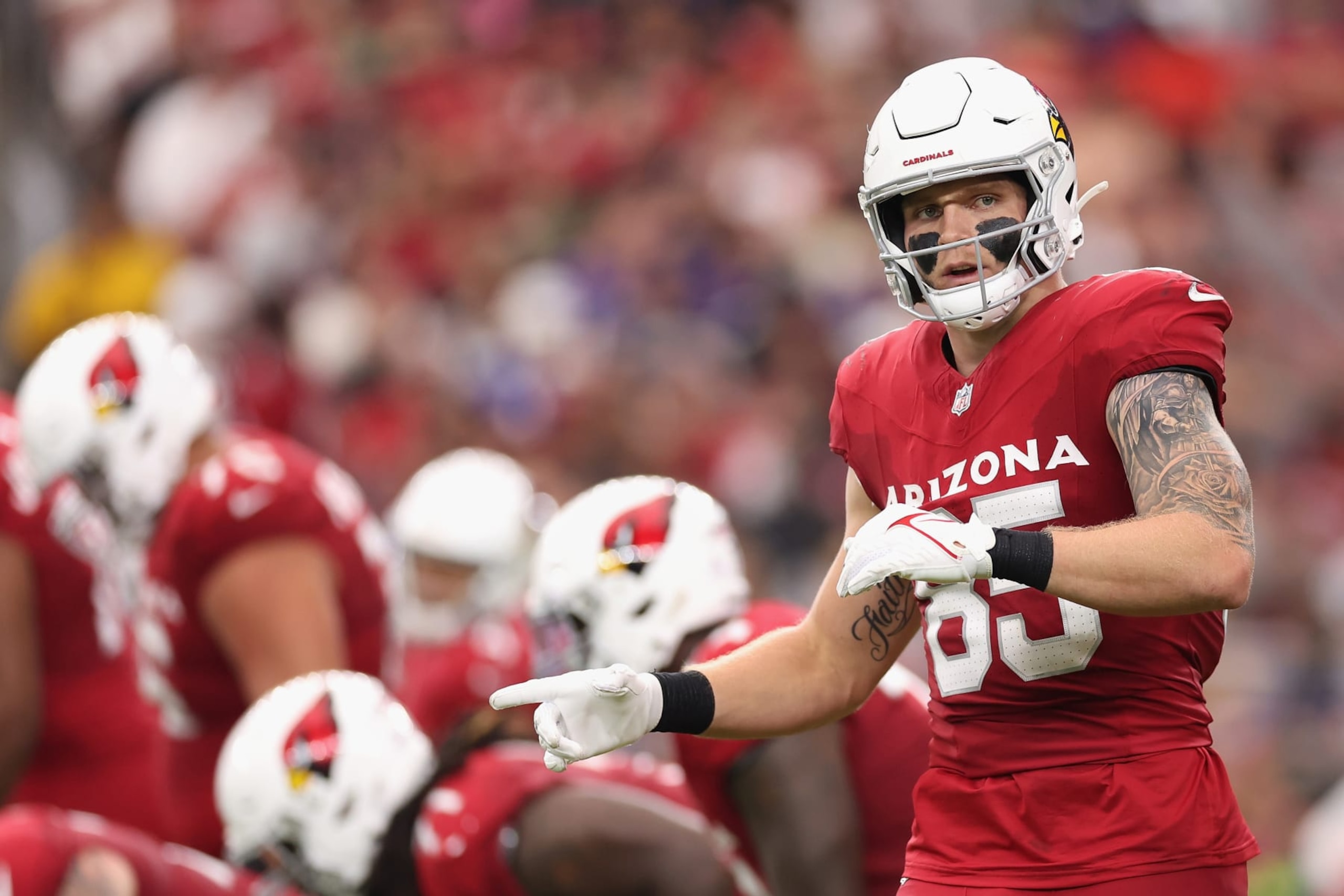 GLENDALE, ARIZONA - OCTOBER 29: Tight end Trey McBride #85 of the Arizona Cardinals lines up during the NFL game against the Baltimore Ravens at State Farm Stadium on October 29, 2023 in Glendale, Arizona. The Ravens defeated the Cardinals 31-24.  (Photo by Christian Petersen/Getty Images)