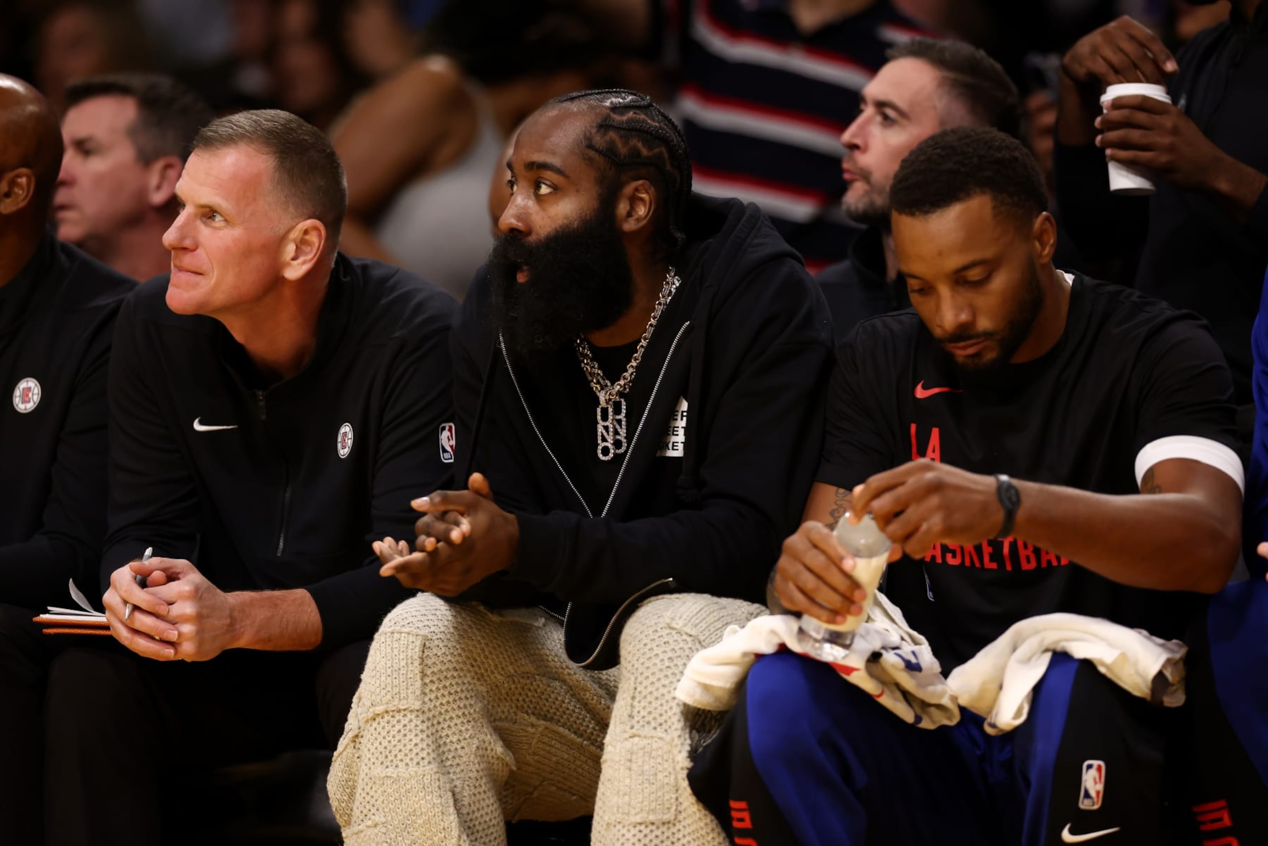 LOS ANGELES, CALIFORNIA - NOVEMBER 01: James Harden #1 of the Los Angeles Clippers looks on from the bench during the first quarter against the Los Angeles Lakers at Crypto.com Arena on November 01, 2023 in Los Angeles, California. NOTE TO USER: User expressly acknowledges and agrees that, by downloading and or using this photograph, User is consenting to the terms and conditions of the Getty Images License Agreement. (Photo by Katelyn Mulcahy/Getty Images)
