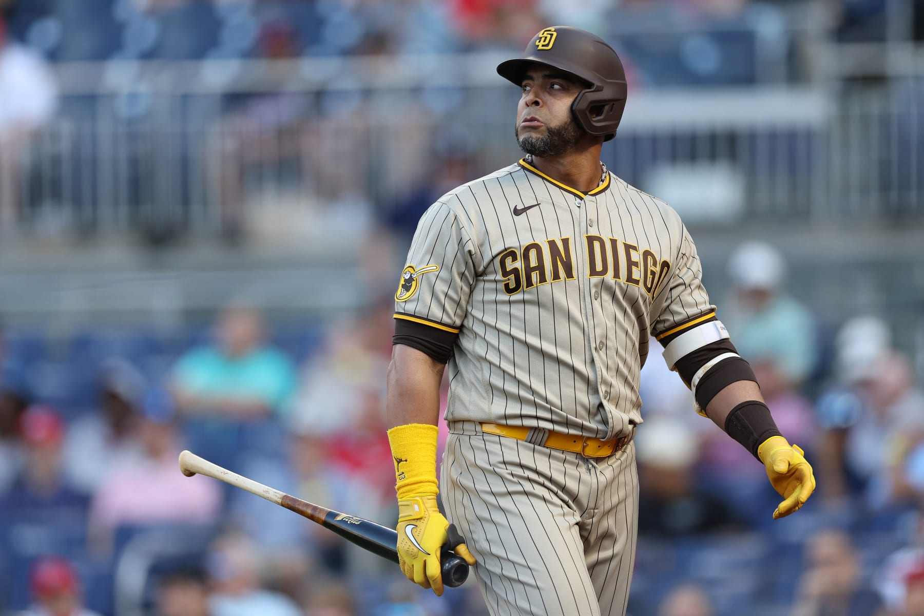 WASHINGTON, DC - MAY 25: Nelson Cruz #32 of the San Diego Padres reacts after striking out against the Washington Nationals at Nationals Park on May 25, 2023 in Washington, DC. (Photo by Patrick Smith/Getty Images)